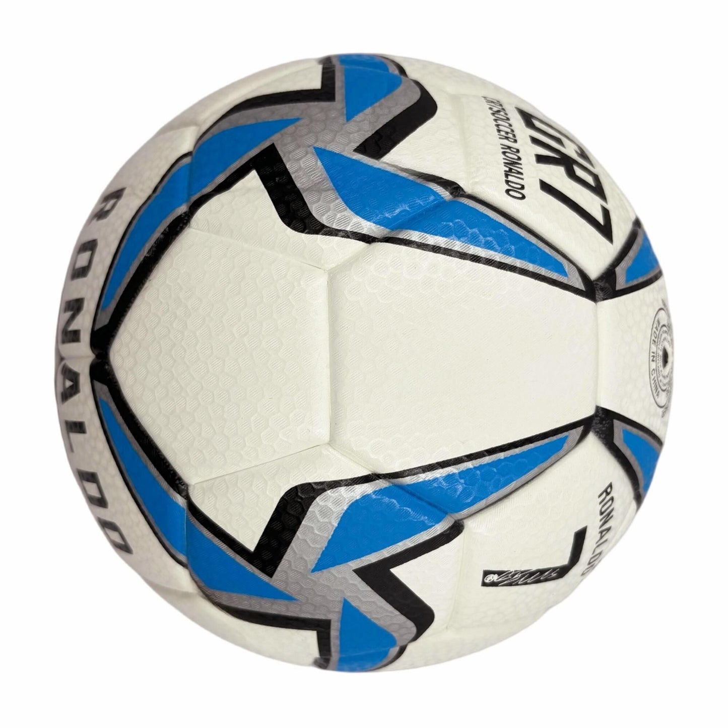 A blue windmill size5 football, PU fit material, wear-resistant and explosion-proof, including pump+air needle+net bag