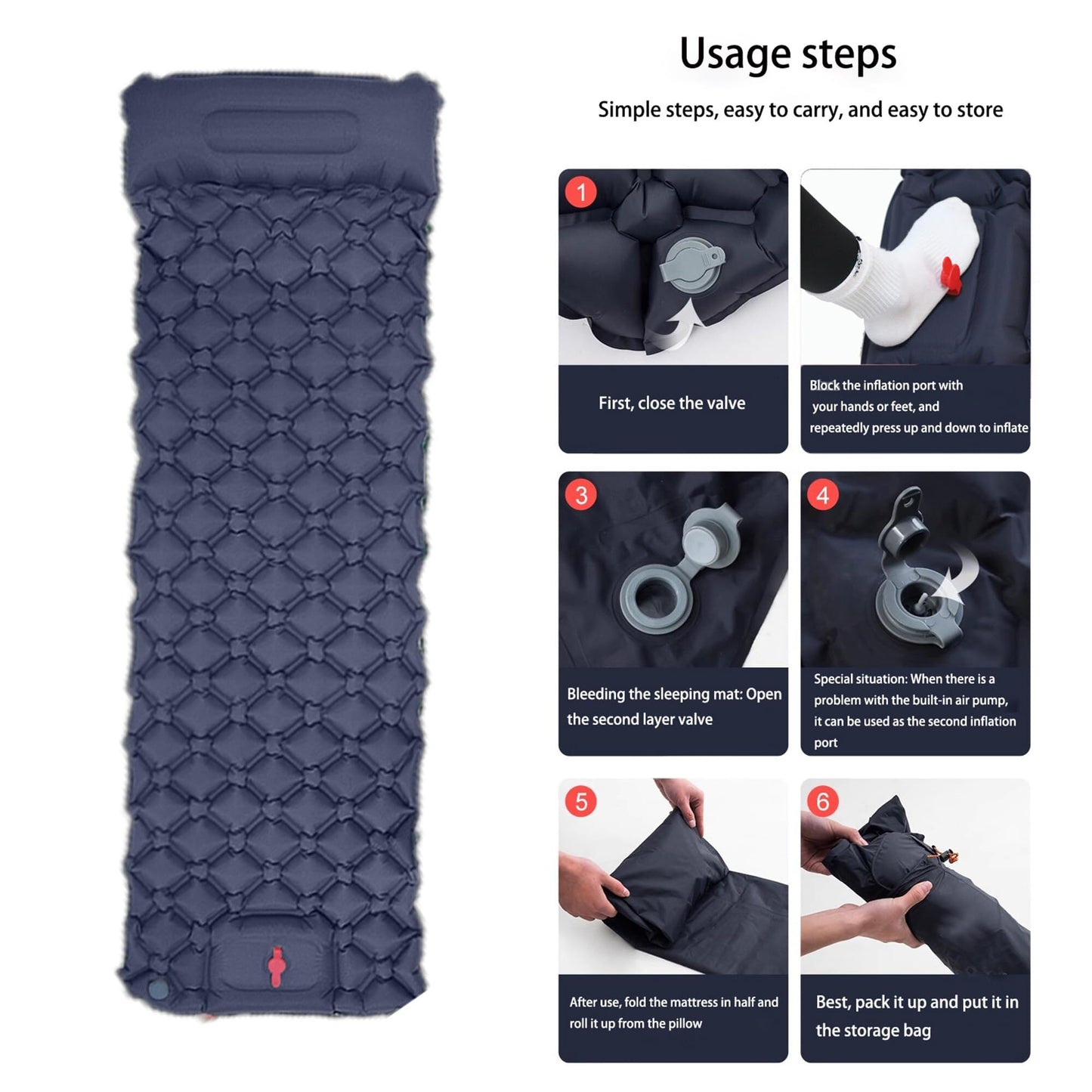 Ultralight Camping Sleeping Pad: Built-in Foot Pump, Integrated Pillow – Compact, Waterproof for Hiking/Backpacking (Dark Blue)