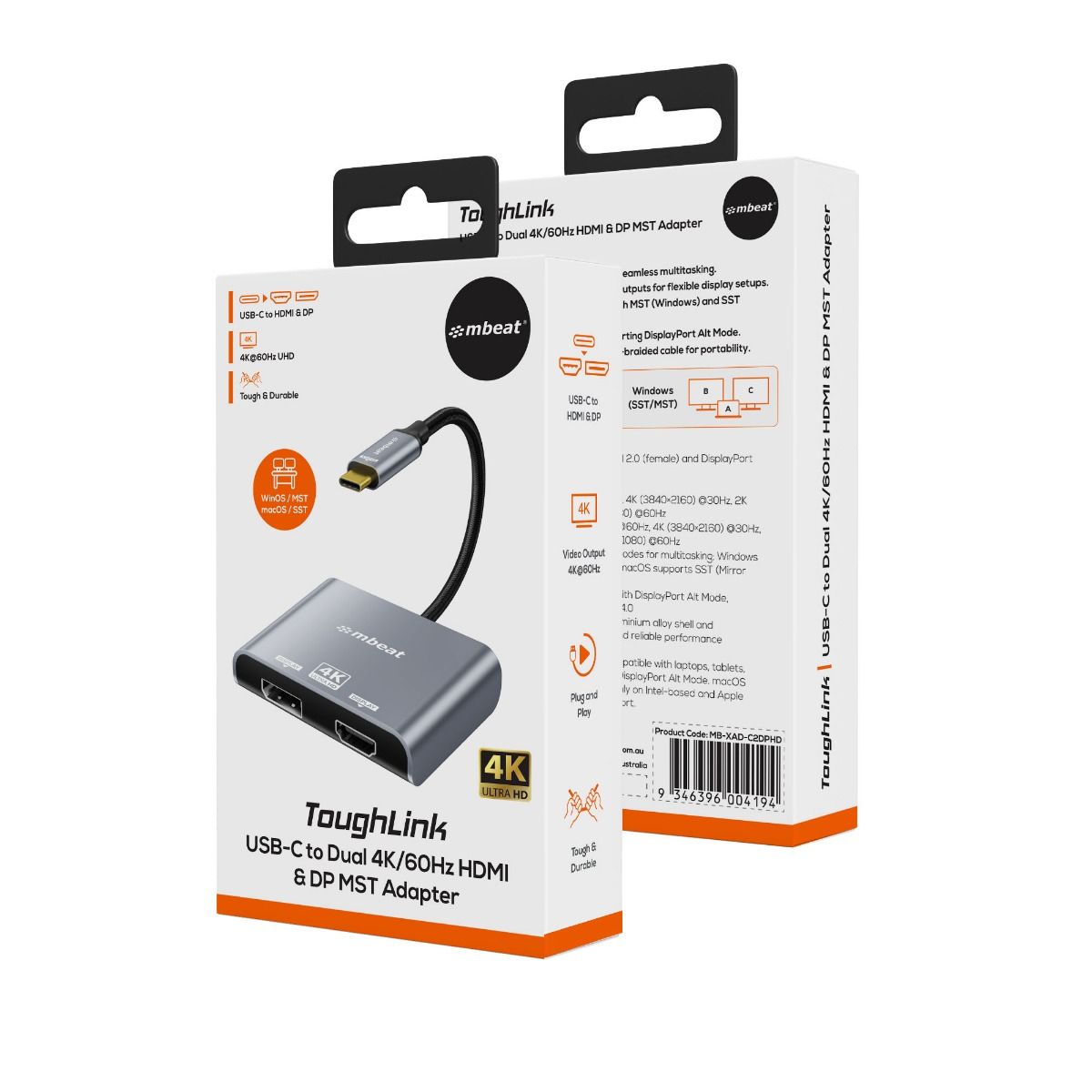 mbeat Tough Link USB-C to DP&HDMI Dual 4K/60Hz MST Adapter - Space Grey