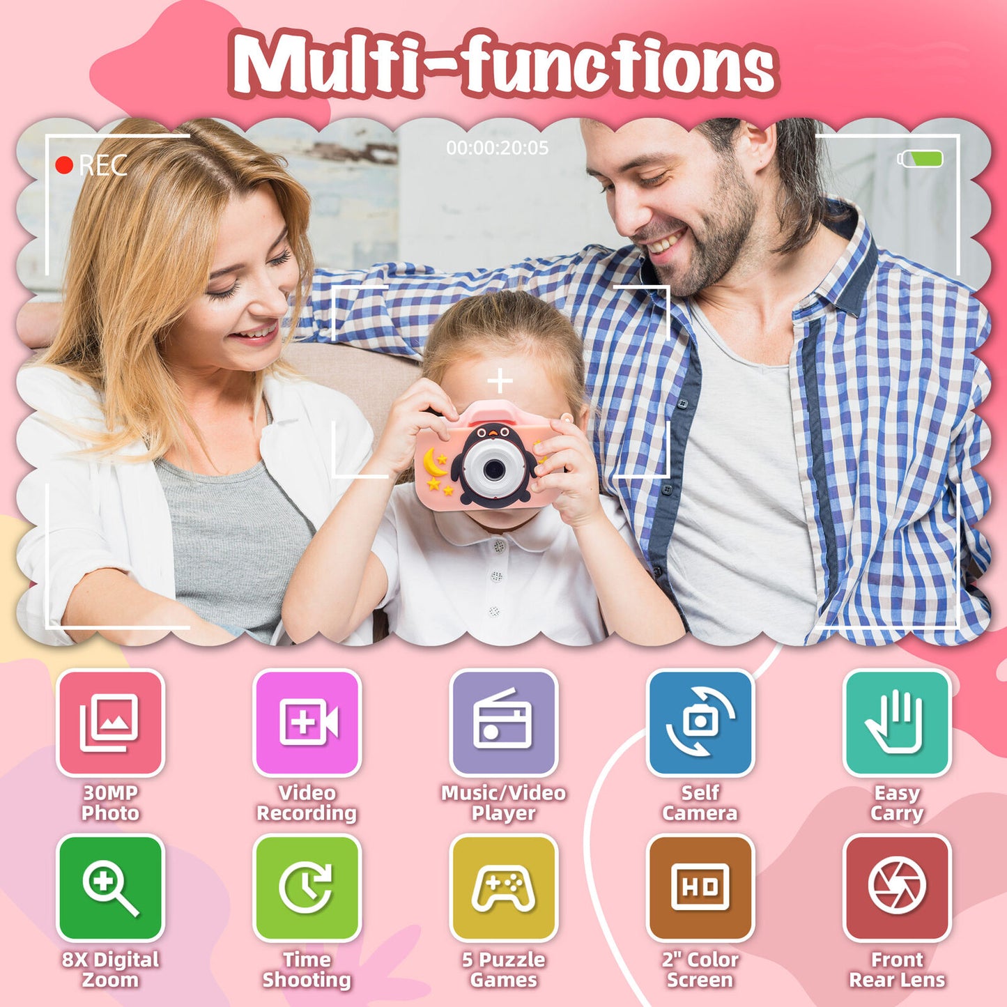 Kids Digital Dual Lens Camera, 4x Zoom and HD Video Recording (Pink)