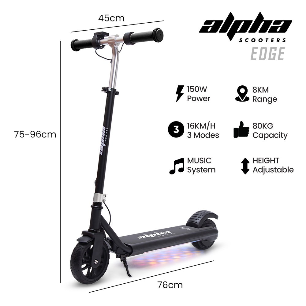 ALPHA Edge Electric Scooter, Kids & Teens, Adjustable Handlebars, 3 Speed Modes, Dual Foot E-Brake, Bluetooth Music, LED, Black