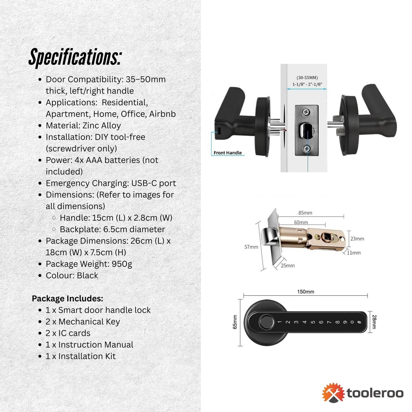 Tooleroo Digital Smart Door Lock Handle - 5in1 Keypad Home Entry Security System