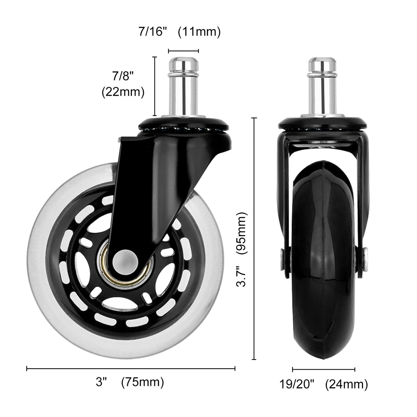 5X 3'' Rollerblade Style Wheels Office Chair Casters - Slient Smooth, 11x22mm Stem