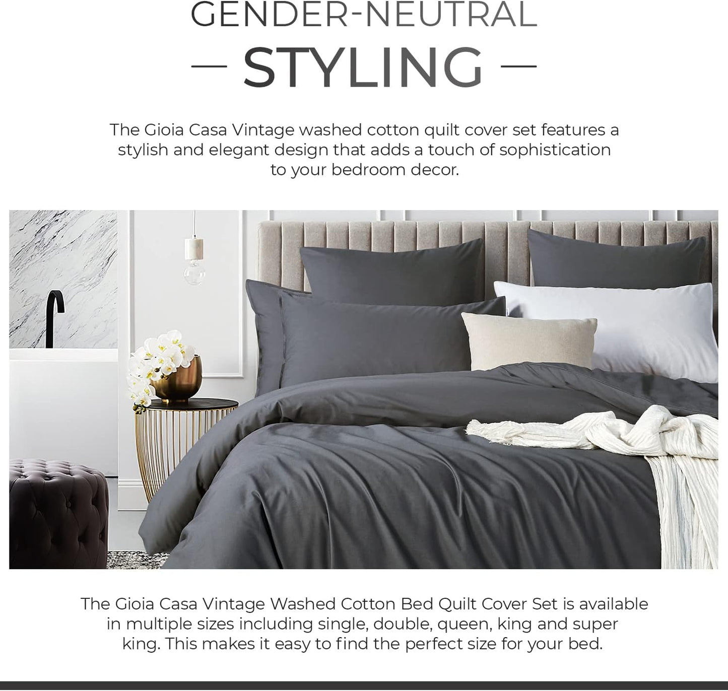 Gioia Casa 100% Cotton Vintage Washed Bed Quilt Cover Set (3Pcs) - Charcoal - Double Size