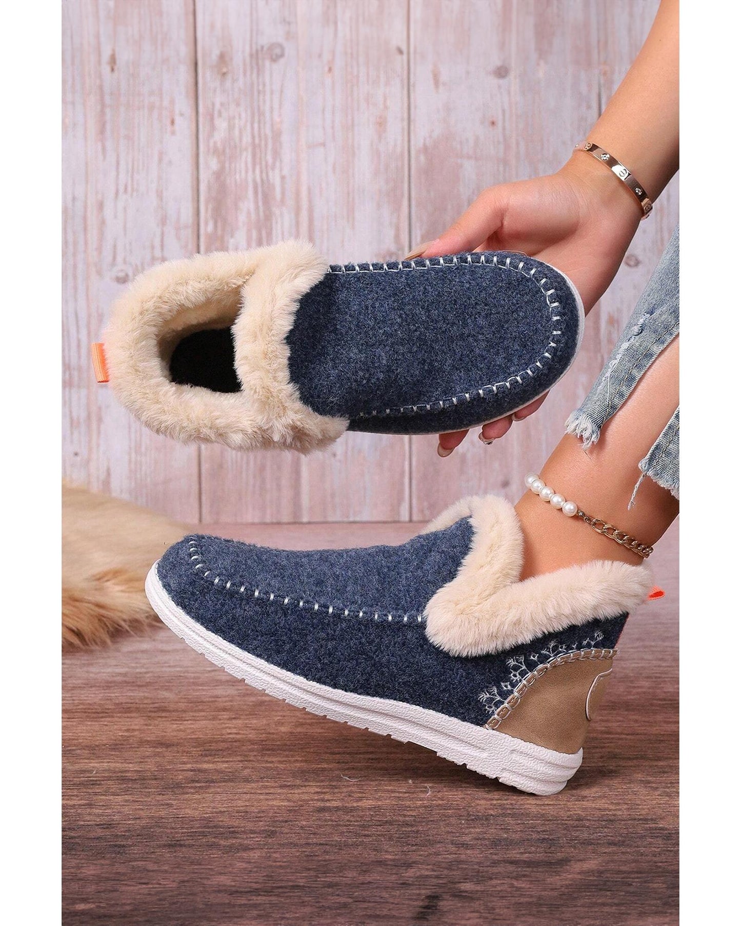 Blue Suede Stitching Patchwork Plush Lined Anklet Boots - 42 EU