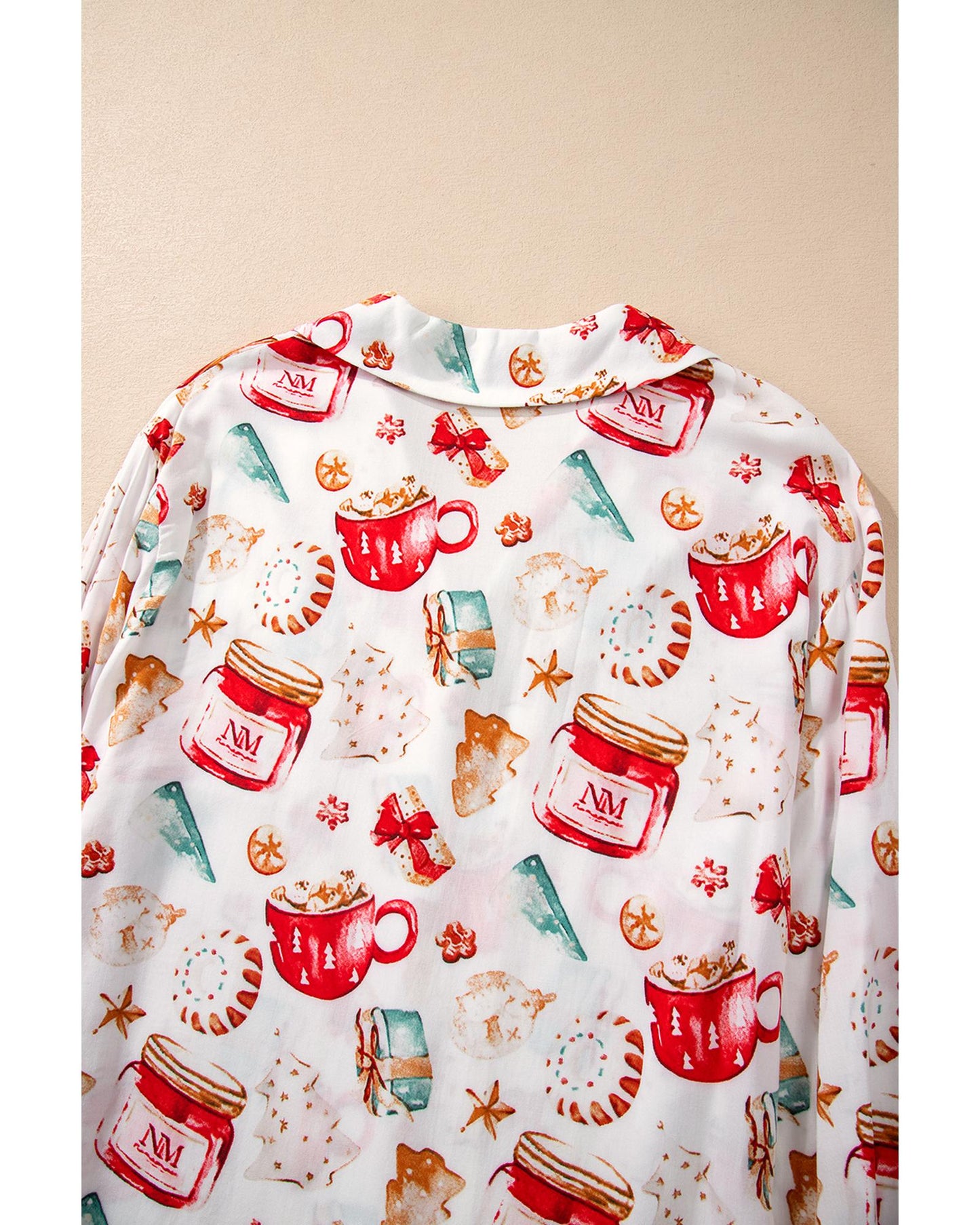 White Christmas Pattern Long Sleeve Shirt and Pants Pajama Set - L