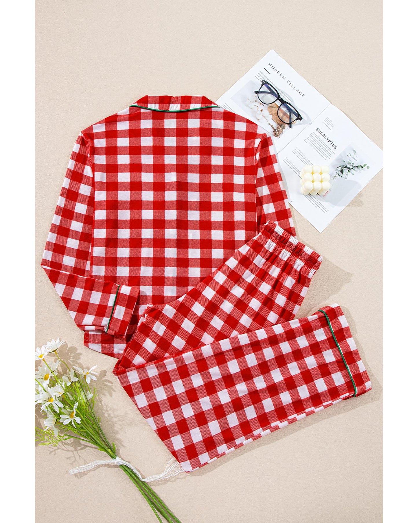 Fiery Red Christmas Plaid Print Shirt and Pants Pajama Set - S