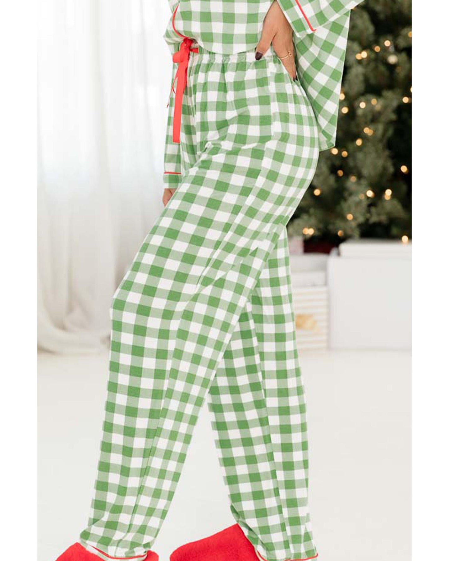 Light Green Christmas Plaid Print Shirt and Pants Pajama Set - L