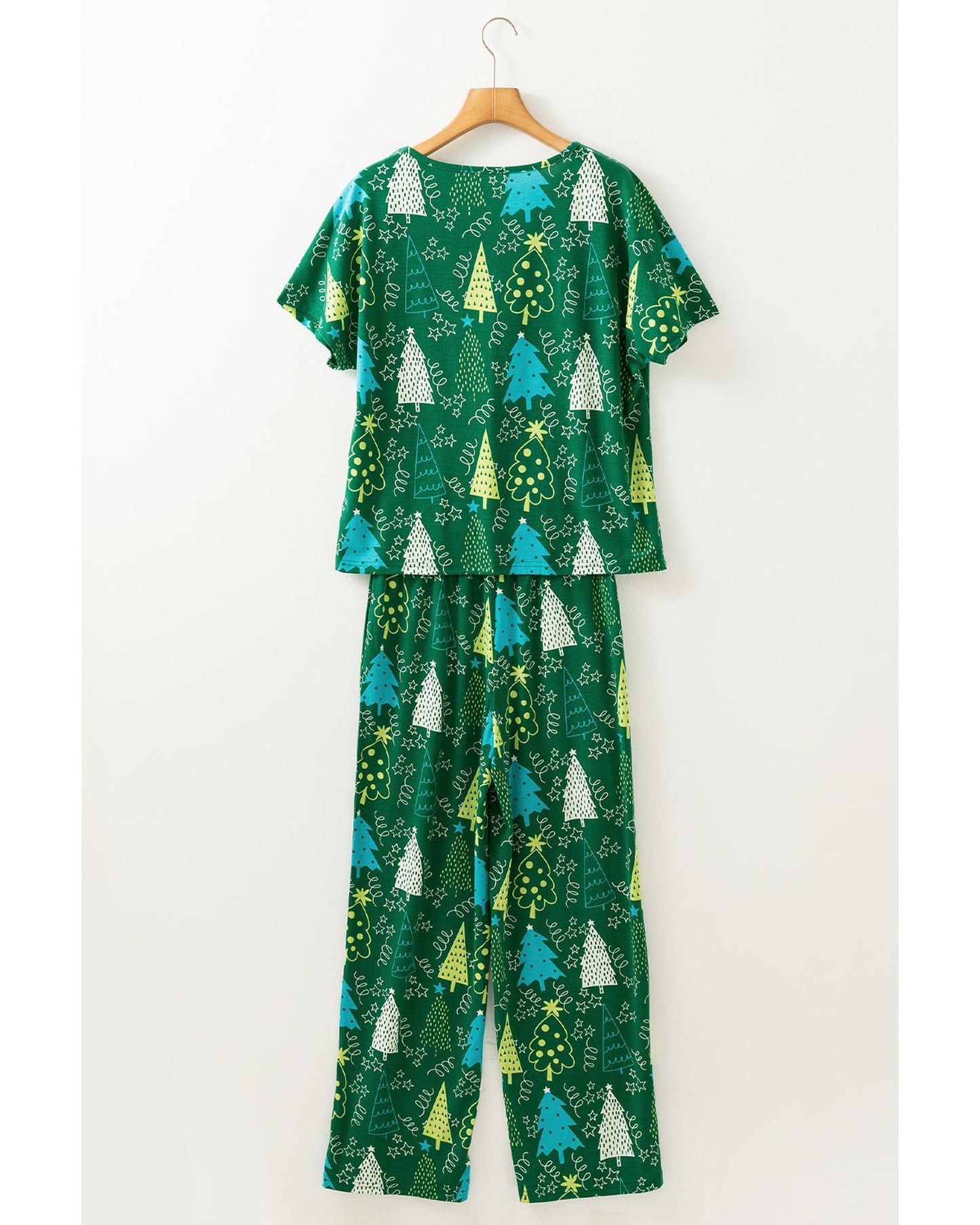 Green Christmas Tree Print V Neck Tee and Pants Lounge Set - S