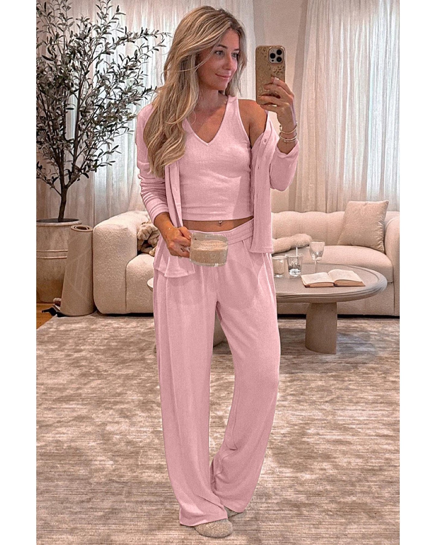 Light Pink 3-Piece Cozy Knit Lounge Set - M