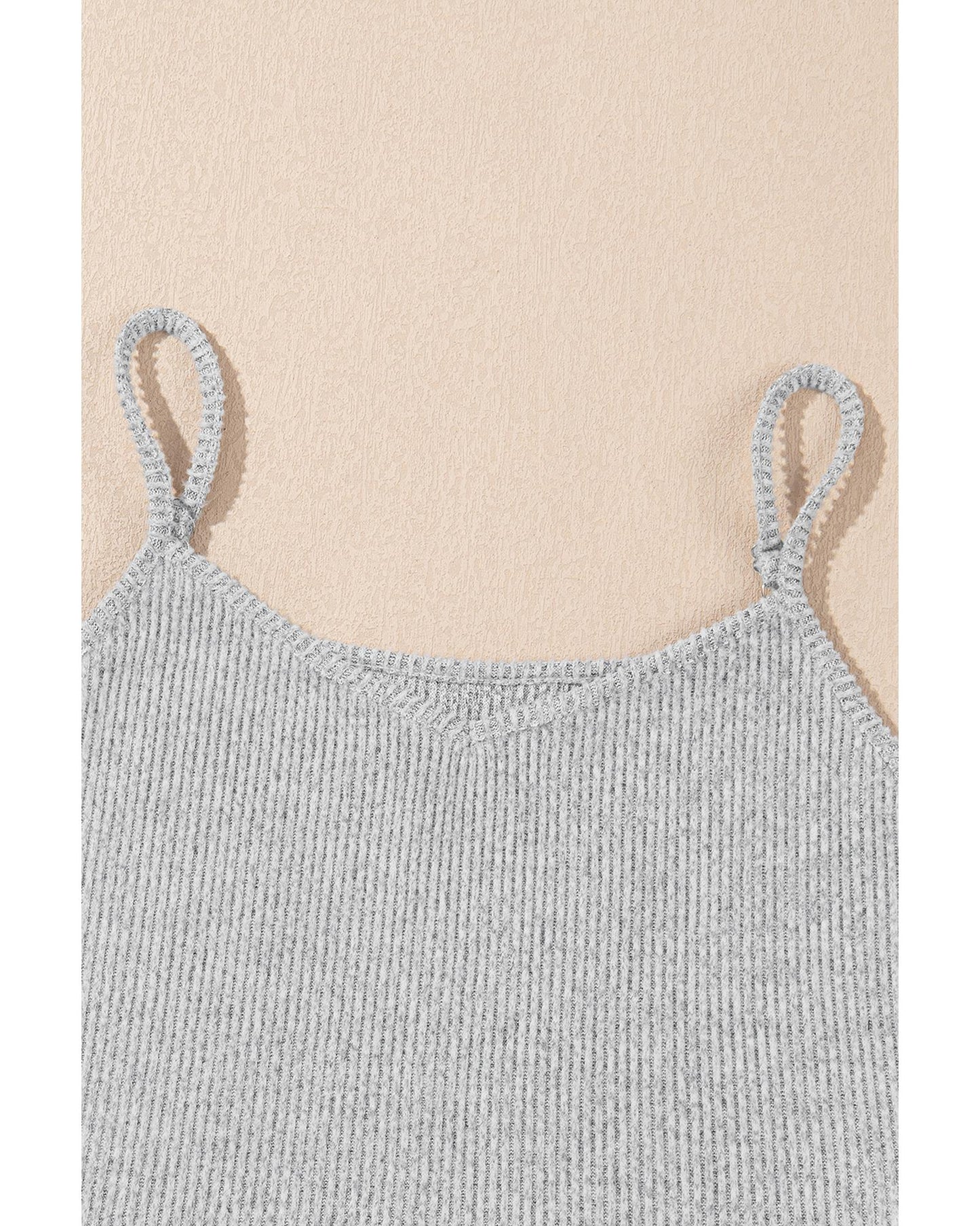 Light Grey 3 Pieces Rib Crop Camisole Matching Shorts Lounge Set with Cardigan - M