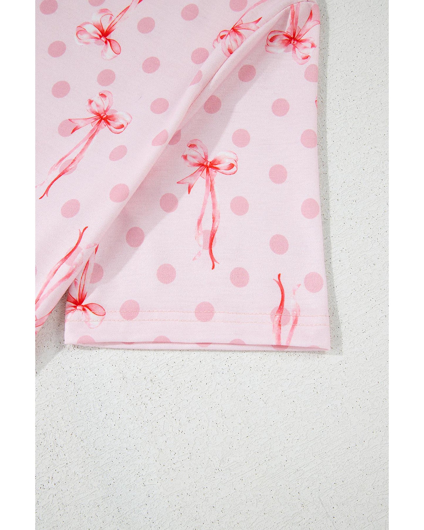 Pink Bow Knot Polka Dot Print Short Sleeve Top Lounge Set - S