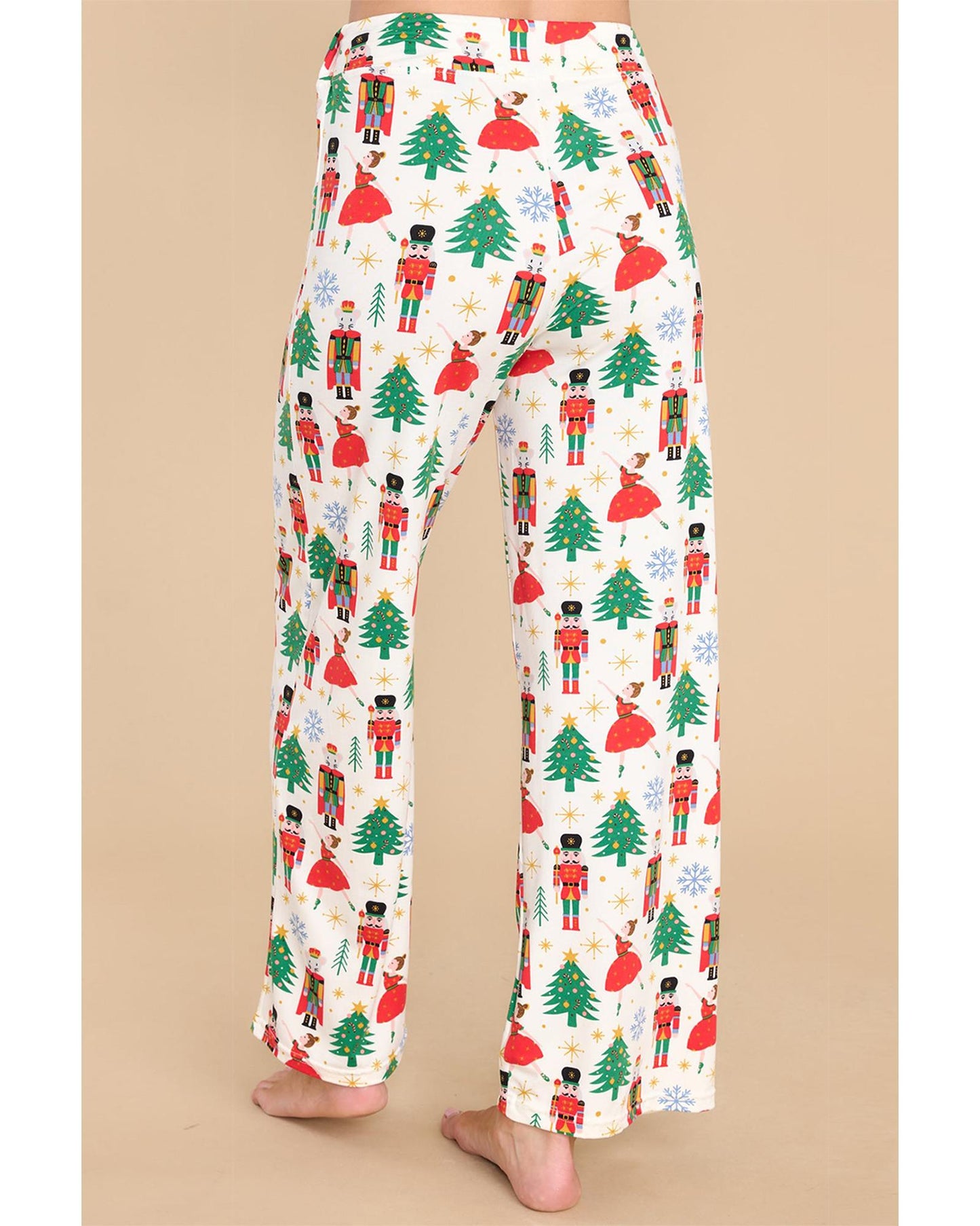 White Printed Christmas Pattern Buttoned Two Piece Sleepwear - M