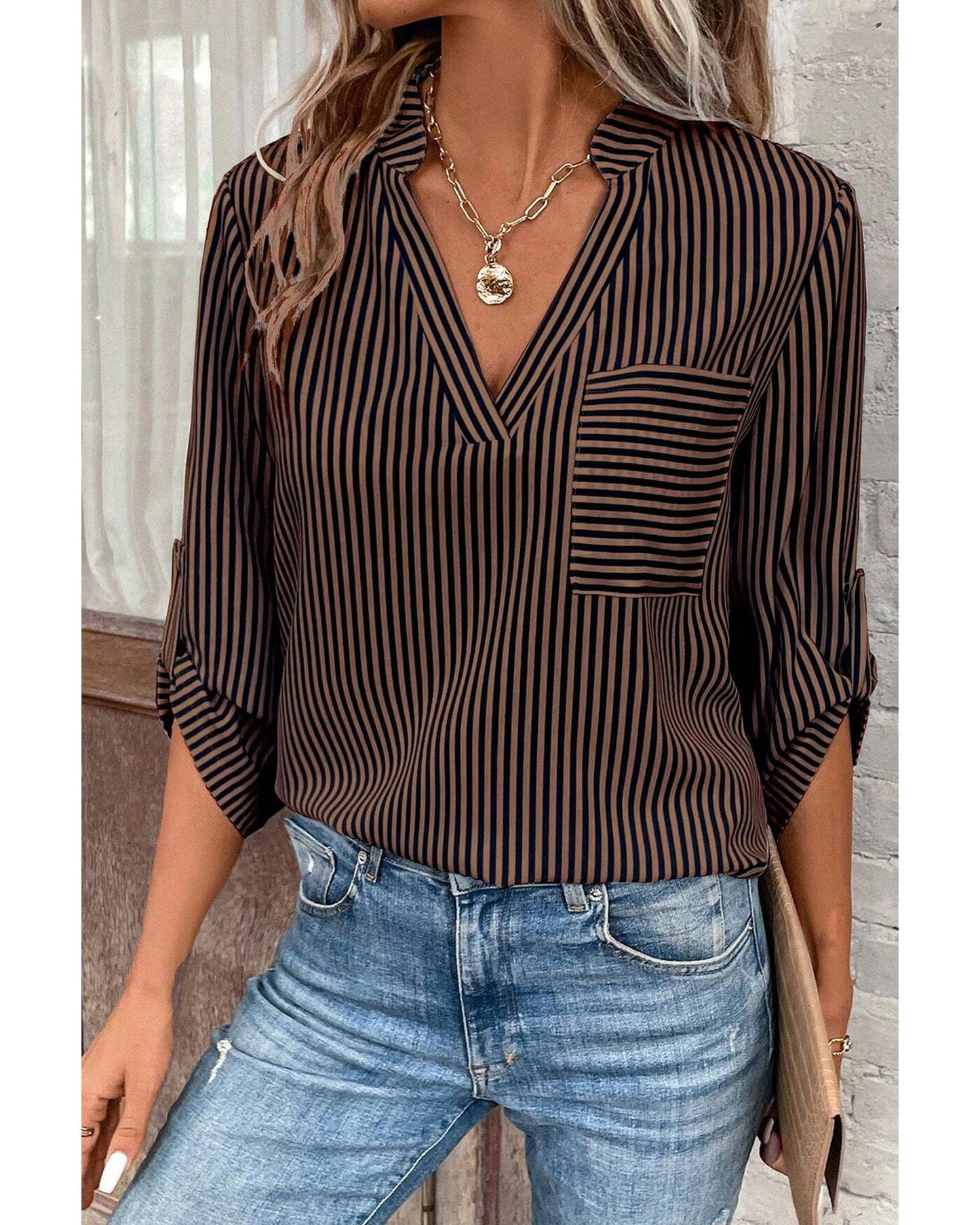 Brown Stripe V Neck Roll Up Sleeve Pocket Patched Classic Shirt - M