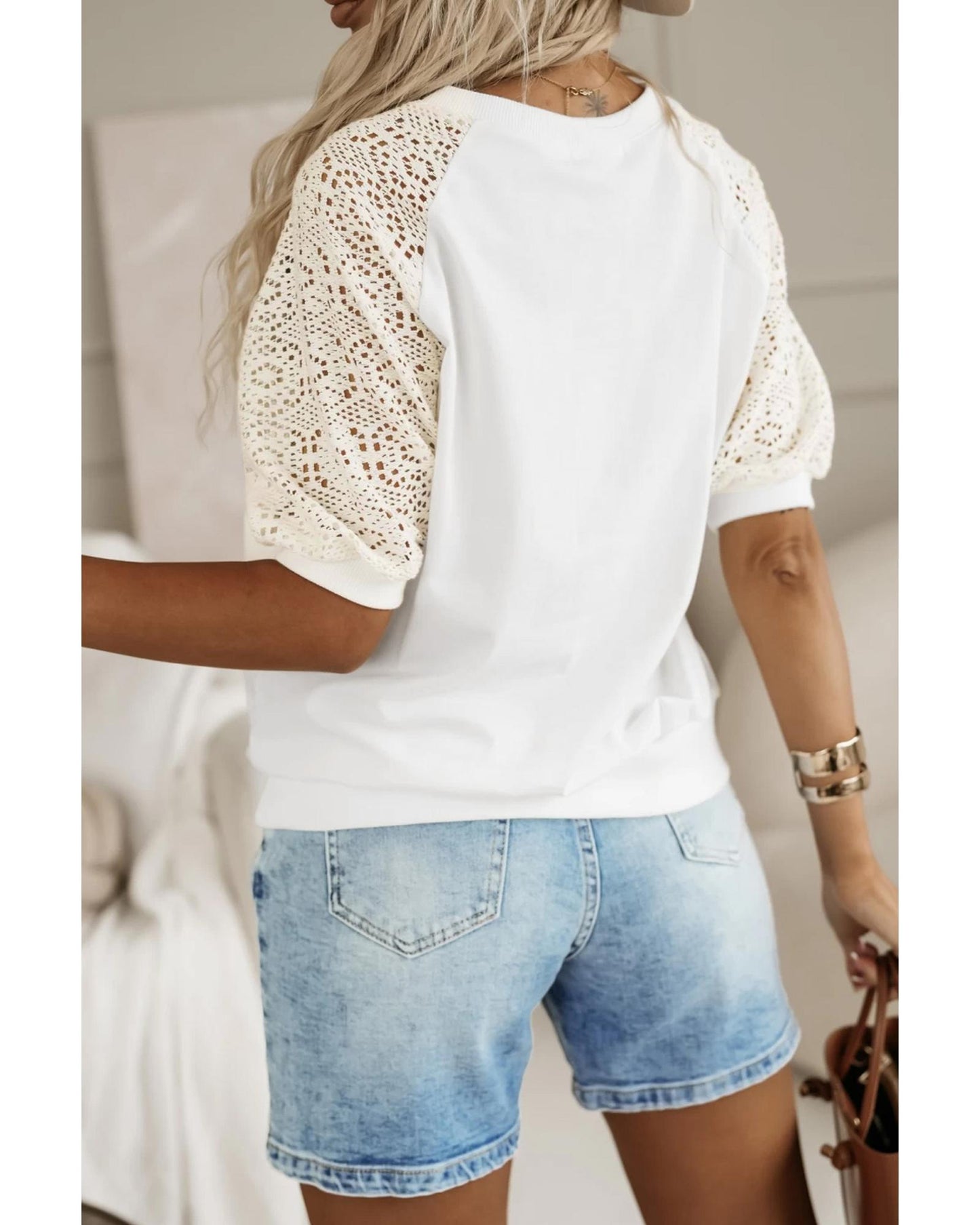 White Lace Crochet Short Sleeve Round Neck T Shirt - M