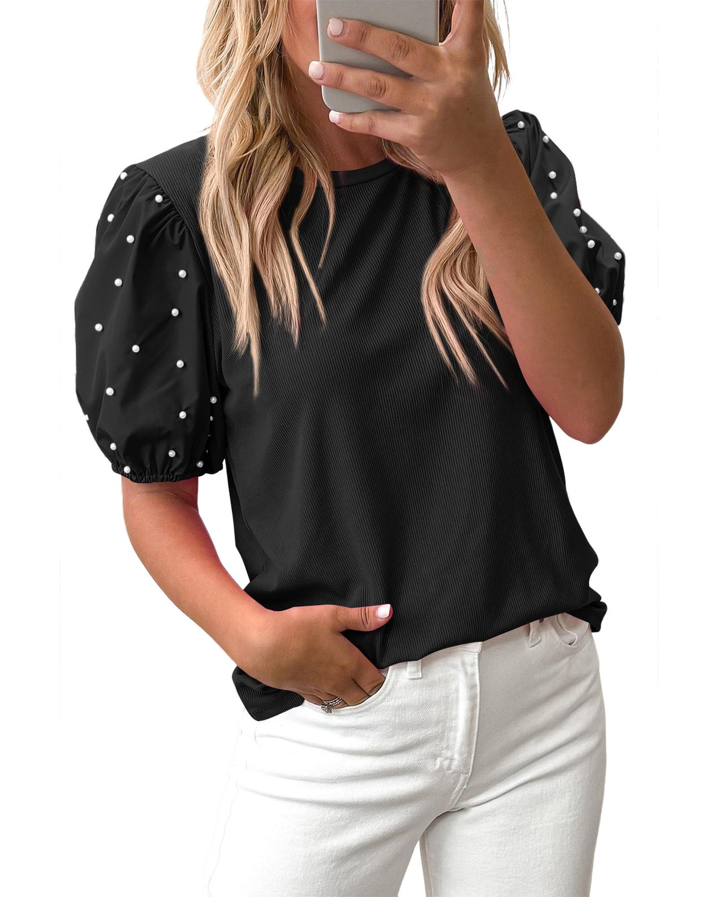Black Ribbed Pearl Beaded Puff Sleeve Top - S