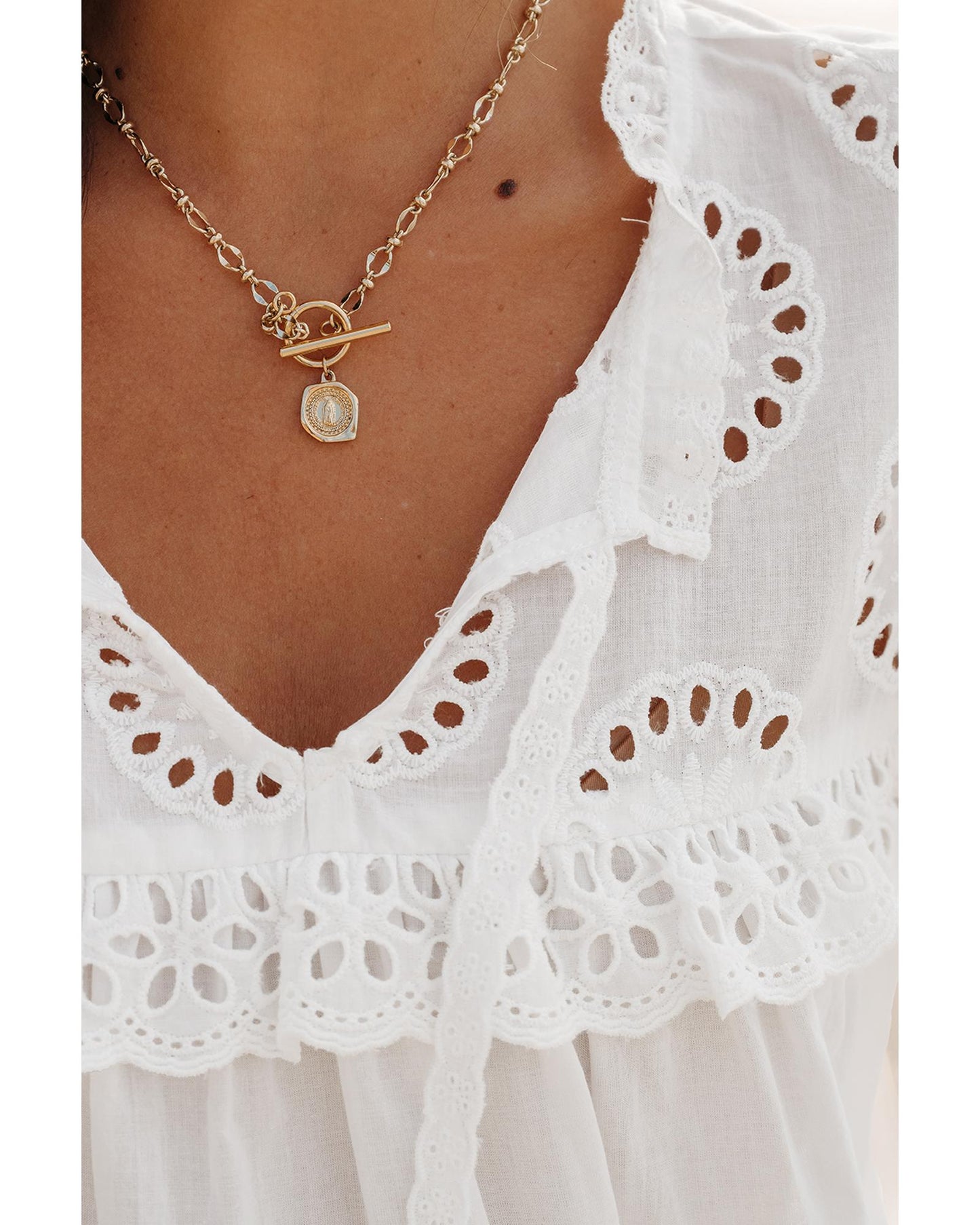 White Embroidered Lace Patchwork Tie Neck Puff Short Sleeve Blouse - M