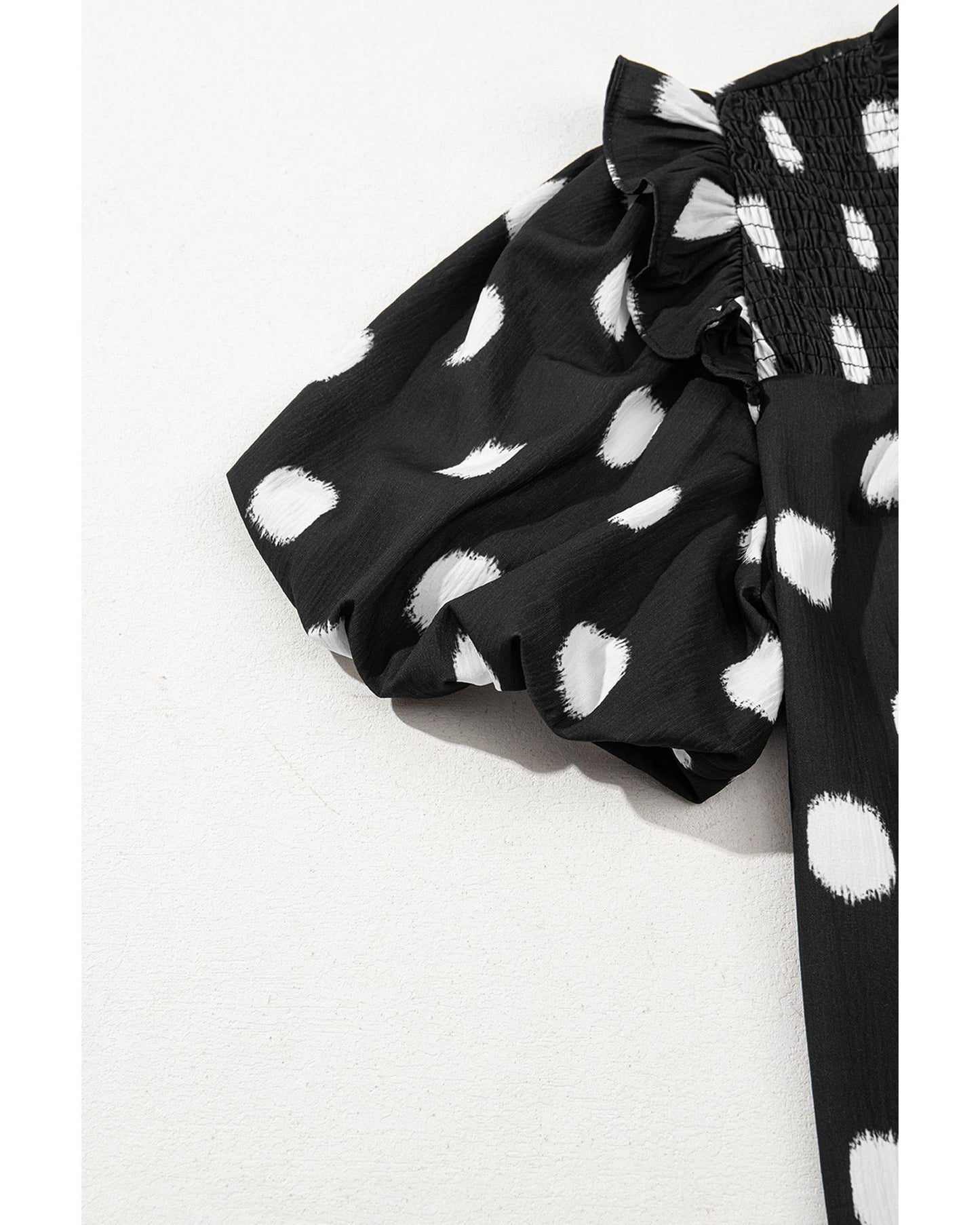 Black Polka Dot Print Shirred Yoke Notched Neck Balloon Sleeve Blouse - S
