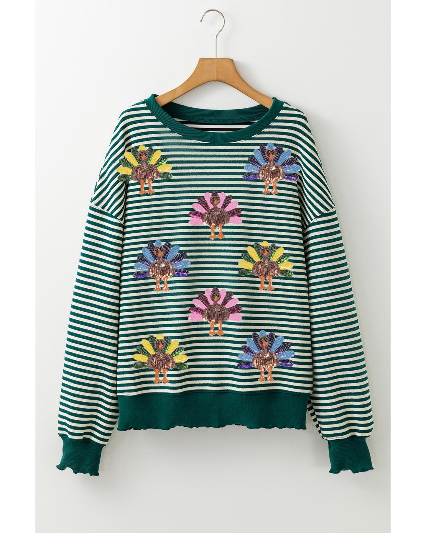 Green Stripe Turkey Pattern Drop Shoulder Pullover Top - L