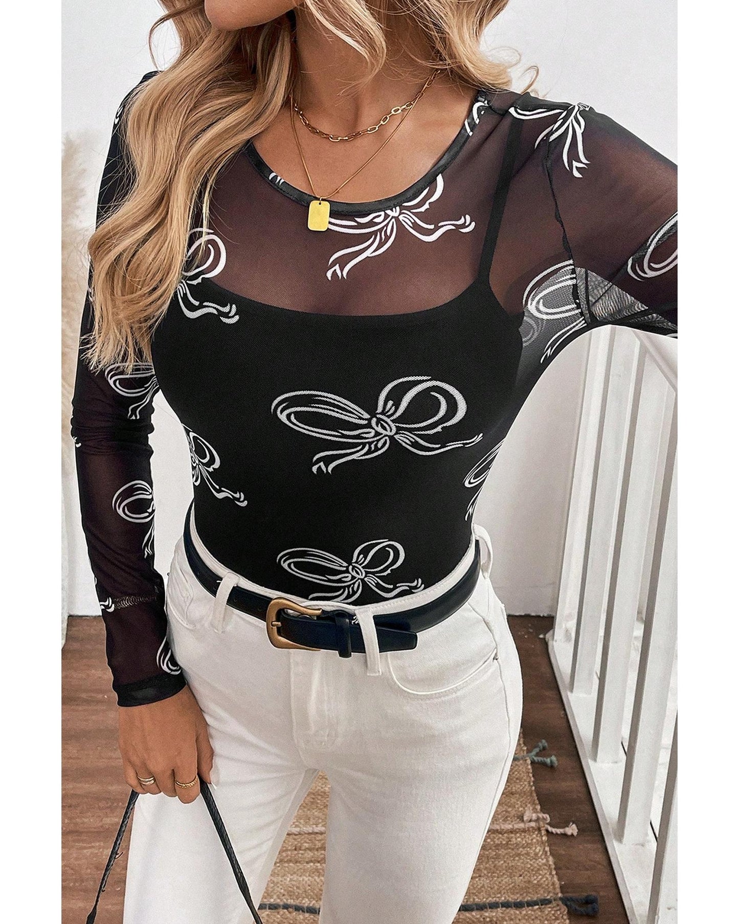 Black Round Neck Bow Print Long Sleeve Mesh Top - L