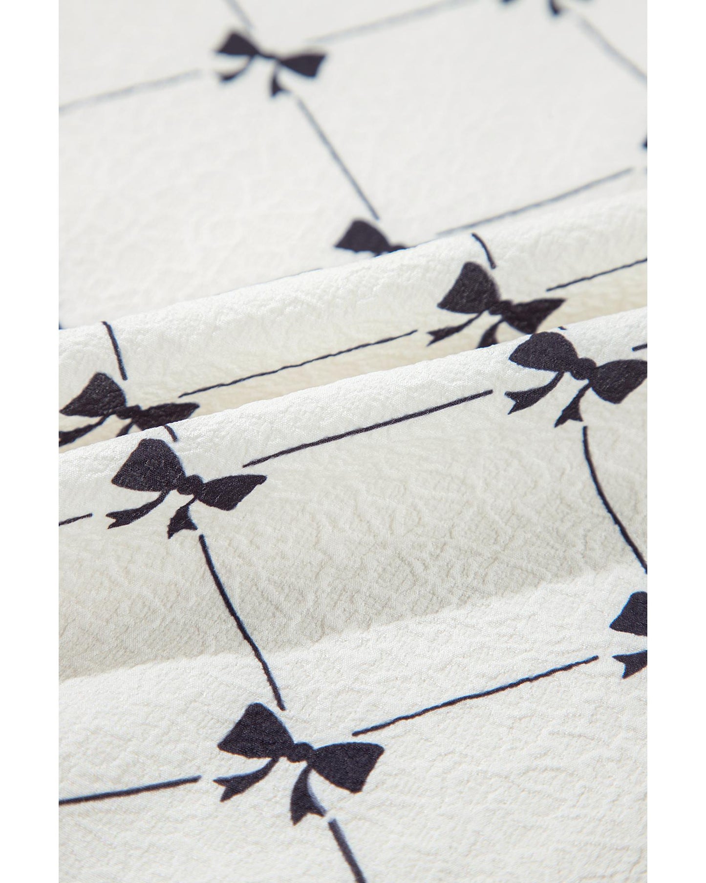 White Bowknot Print Front Knots Bubble Sleeve Blouse - S