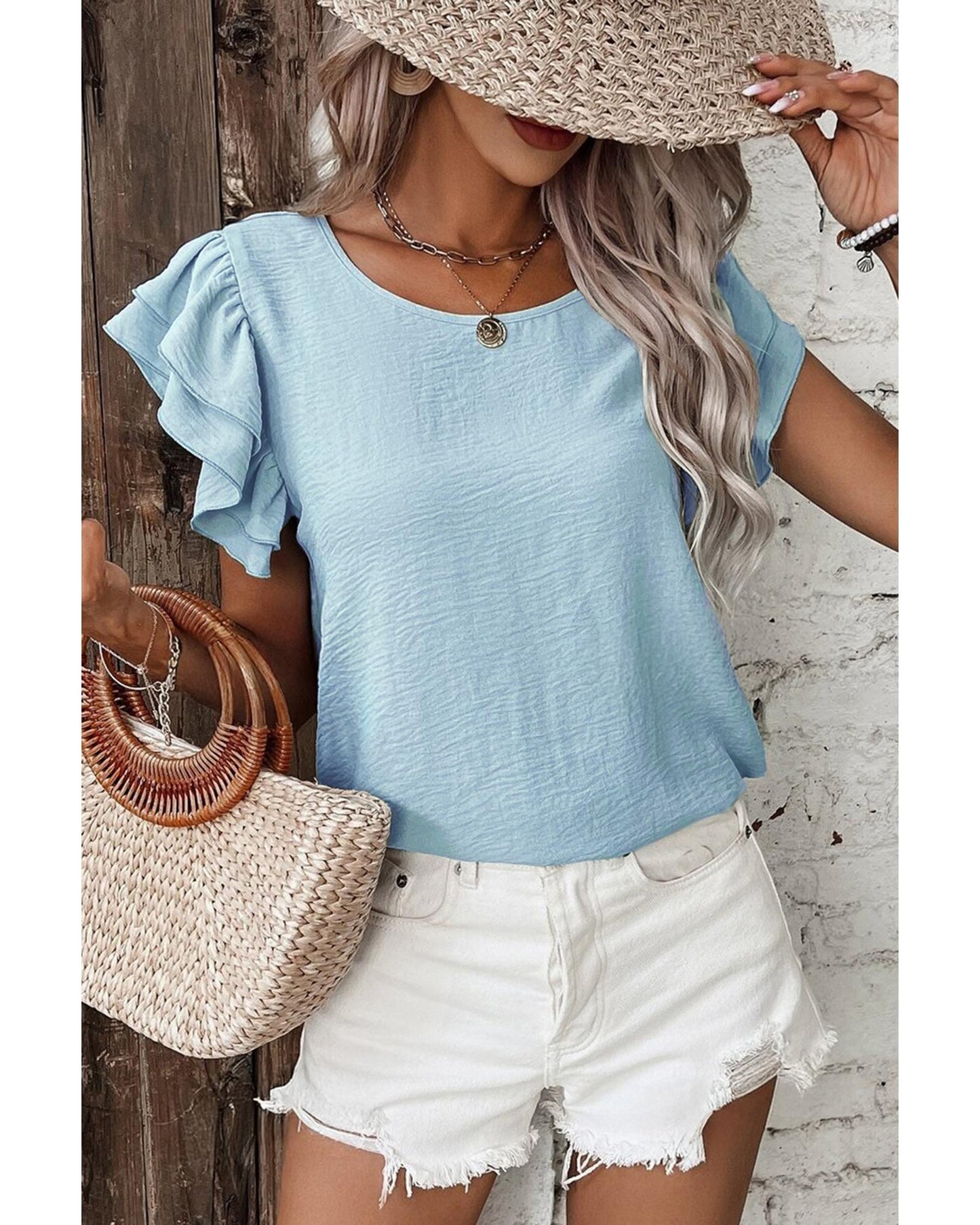 Mist Blue Solid Color Ruffled Short Sleeve Casual Blouse - S