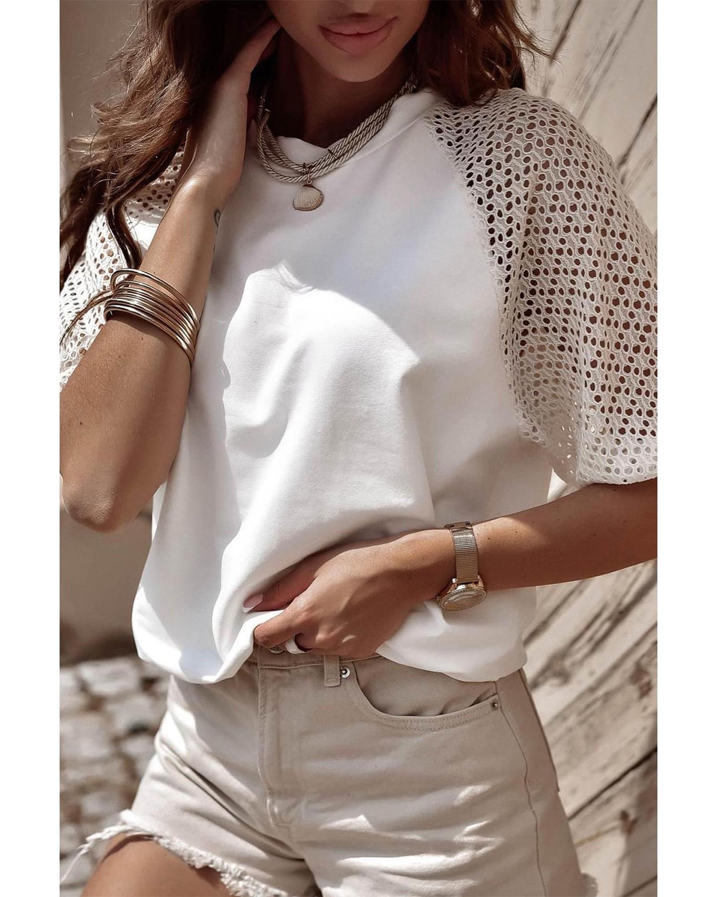 White Pointelle Lace Half Sleeve Crew Neck Tee - M