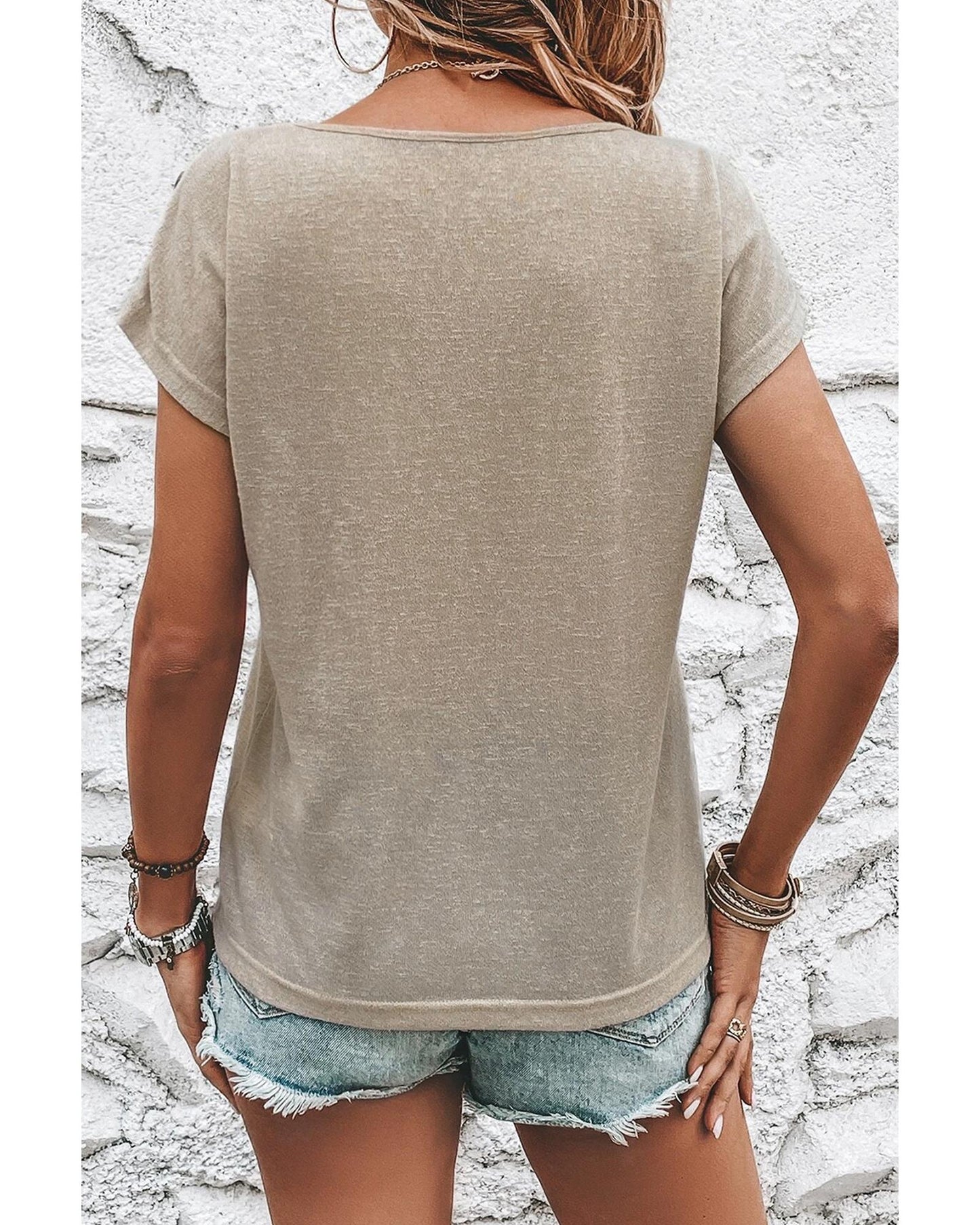 Smoke Gray Button Detail Batwing Sleeve Casual Tee - M
