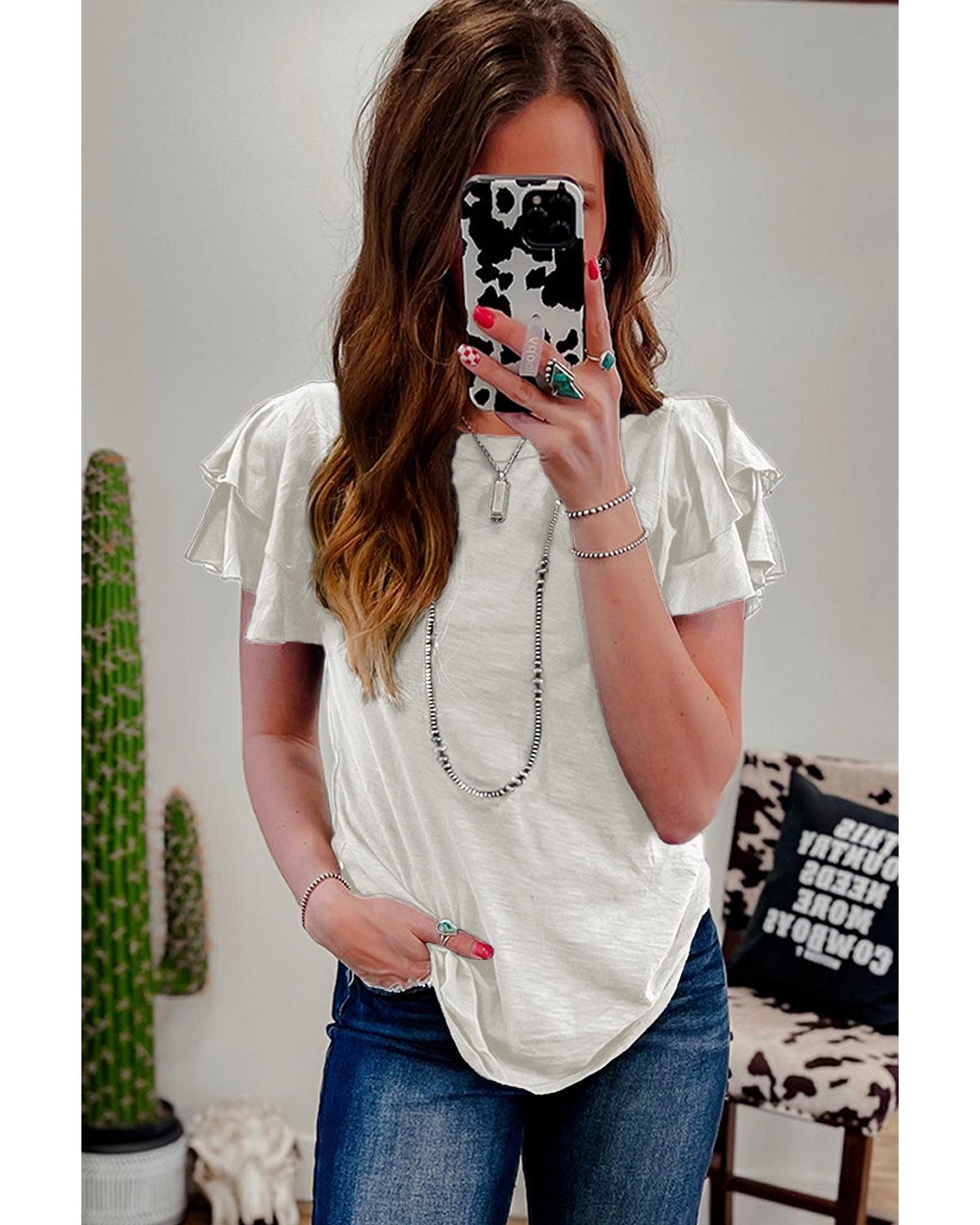 White Layered Ruffle Short Sleeve Round Neck Top - S