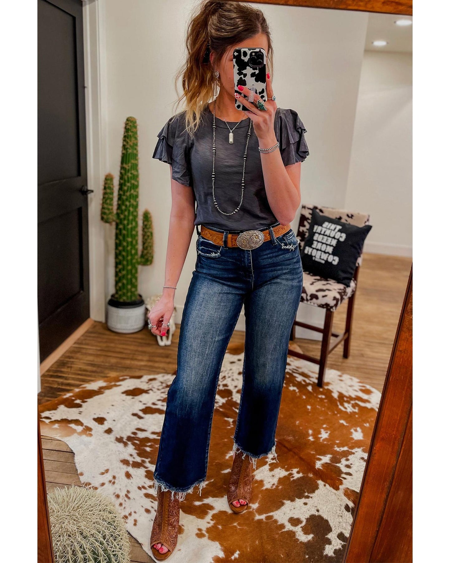 Dark Grey Layered Ruffle Short Sleeve Round Neck Top - M