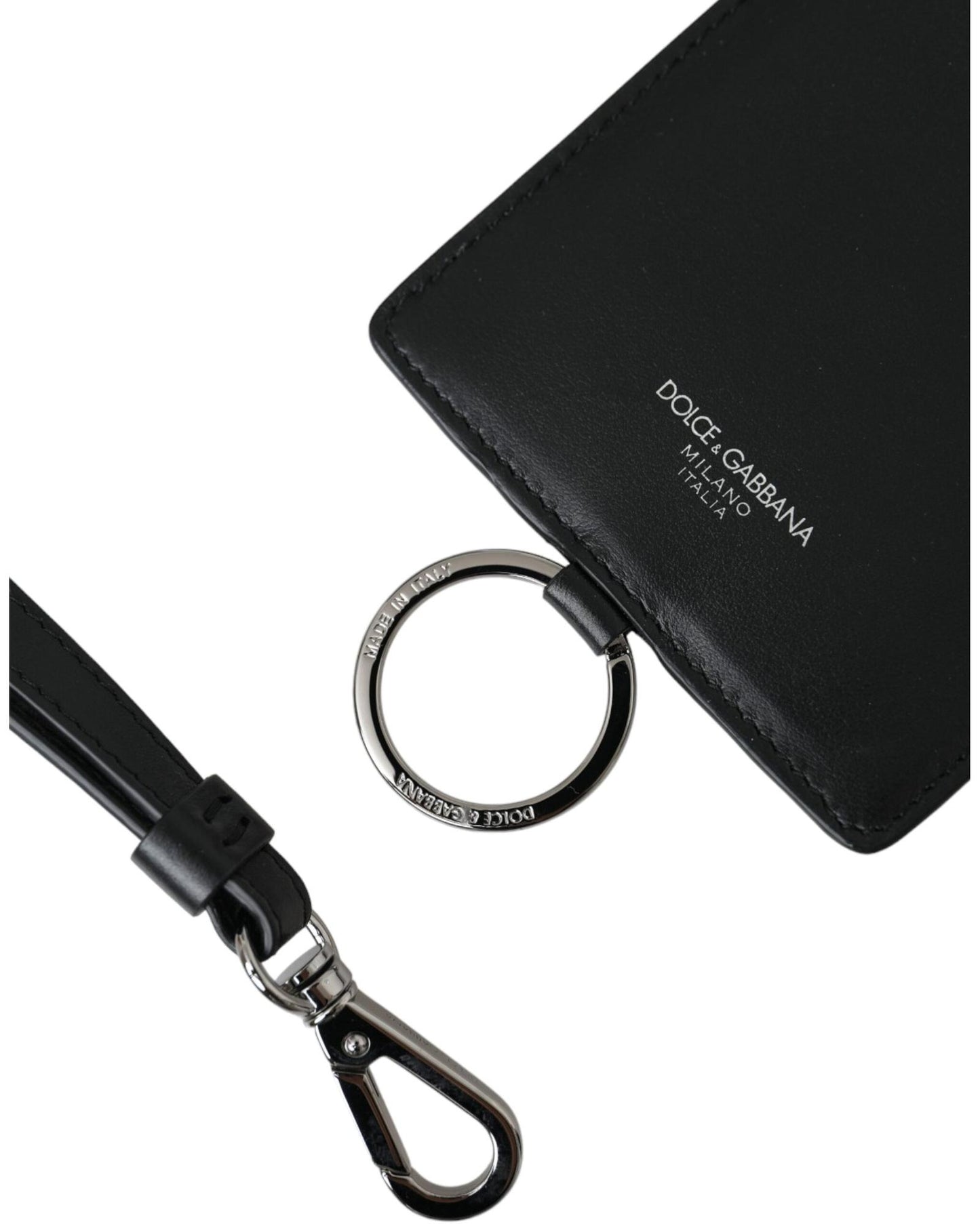Dolce & Gabbana Men's Black Calf Leather Lanyard Logo Card Holder Wallet - One Size