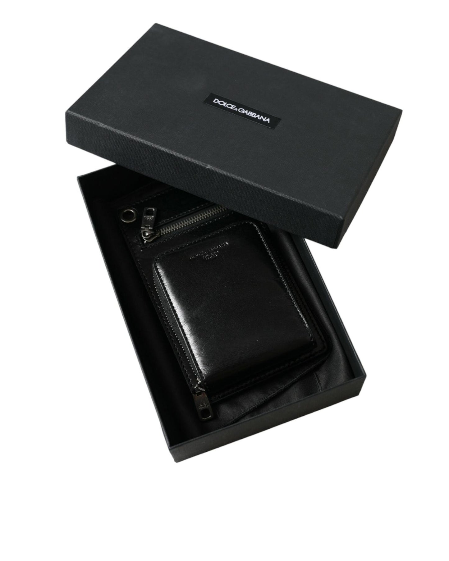 Dolce & Gabbana Men's Black Calf Leather Zip Logo Shoulder Neck Strap Wallet - One Size