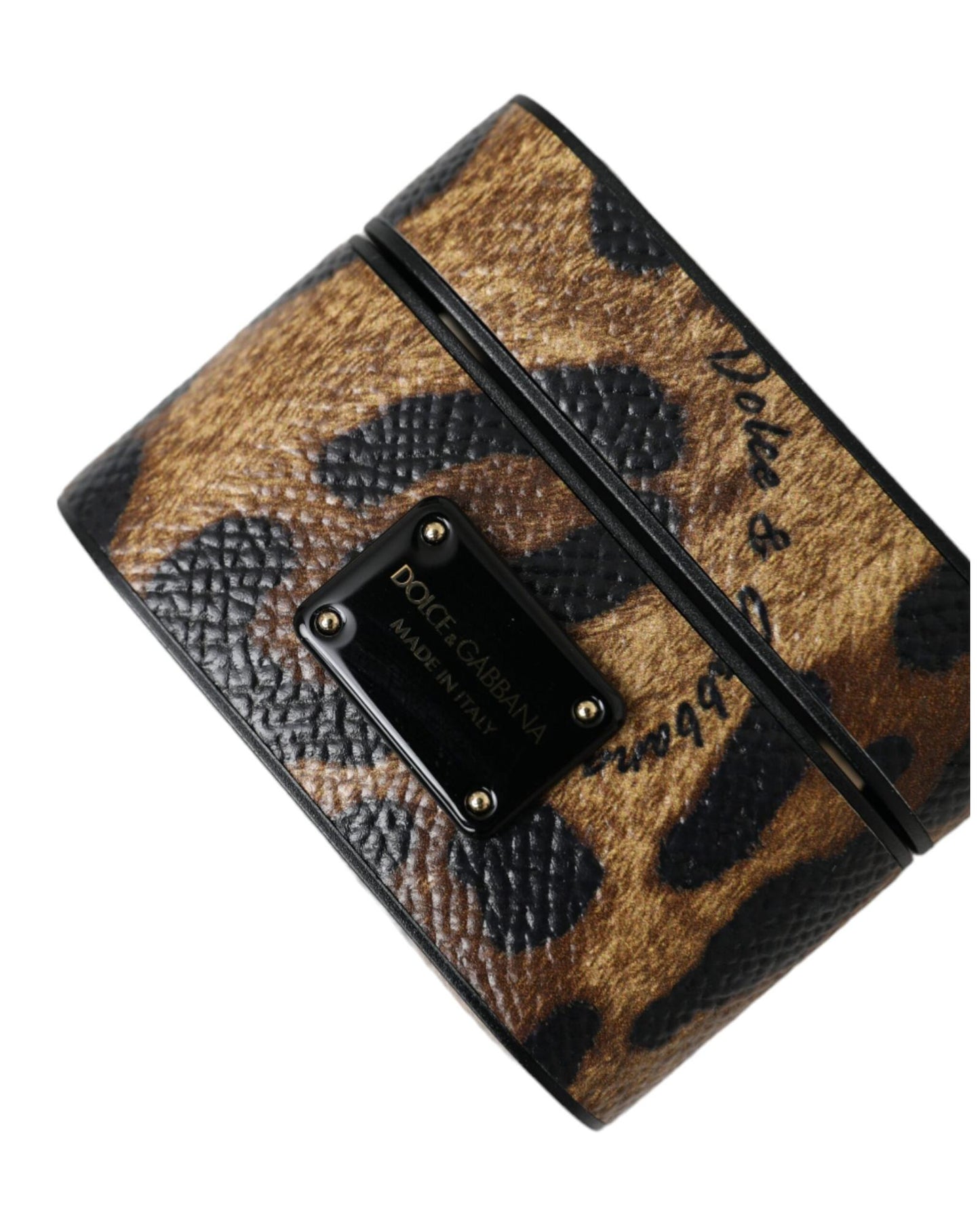 Dolce & Gabbana Women's Brown Leopard Calf Leather Metal Logo Plaque Airpods Case - One Size