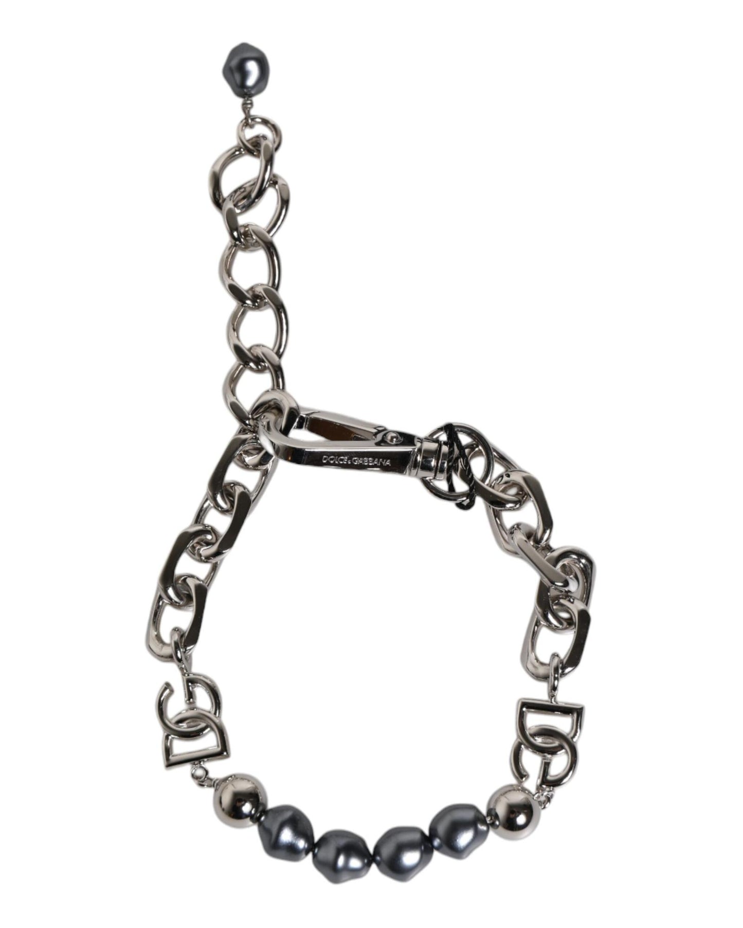 Dolce & Gabbana Men's Silver Tone Chain Lobster Clasp Logo Gray Pearls Bracelet - One Size