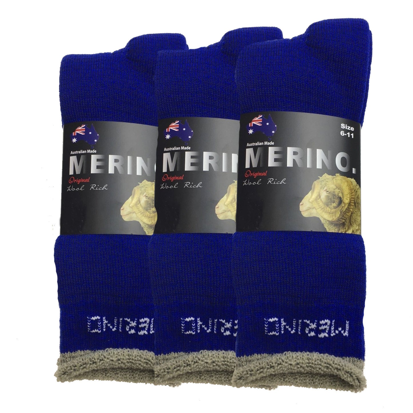 3 Pairs MERINO WOOL SOCKS Mens Heavy Duty Premium Thick Work Socks Cushion - Blue - 6-11