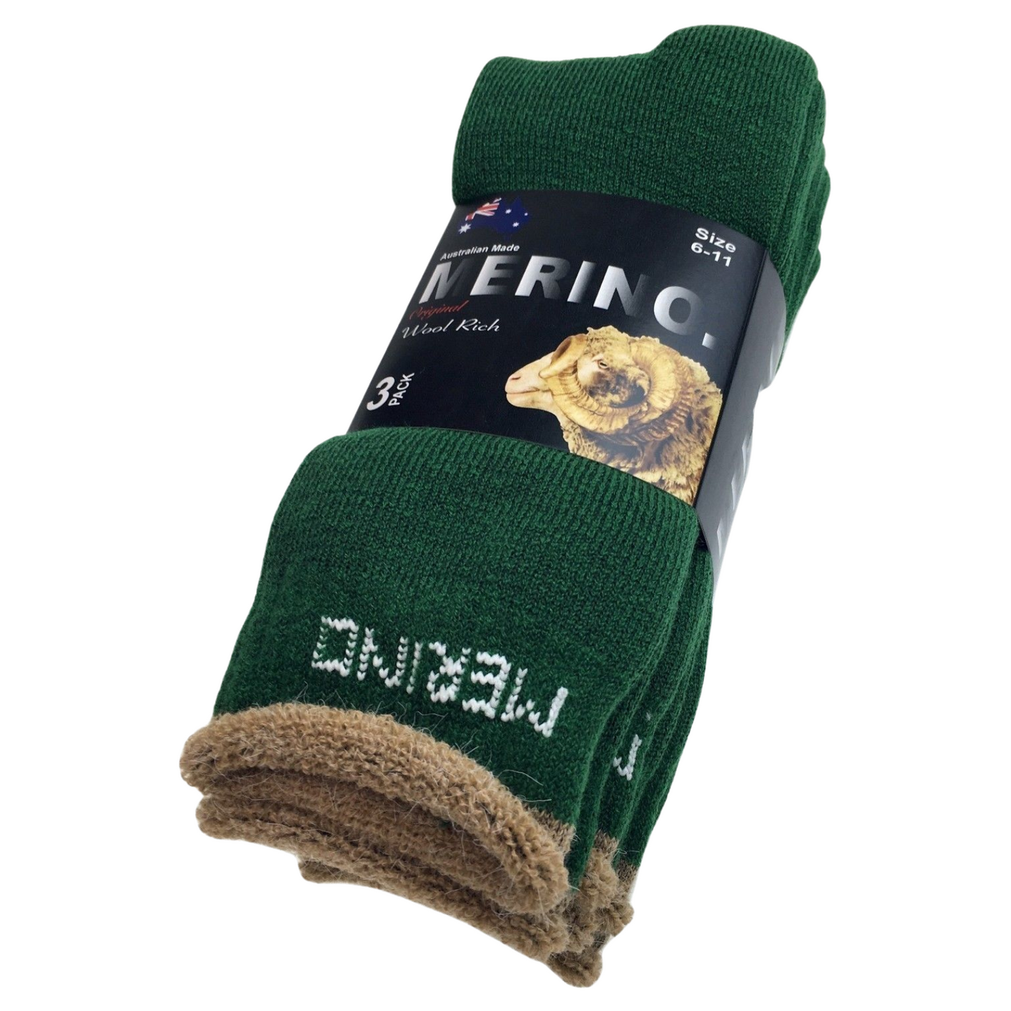 3 Pairs MERINO WOOL SOCKS Mens Heavy Duty Premium Thick Work Socks Cushion - Green - 6-11