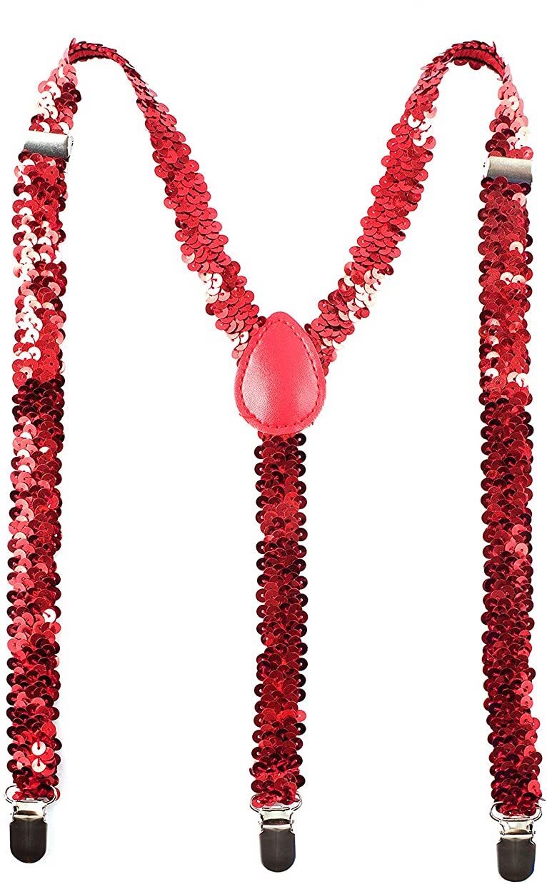 SEQUIN SUSPENDERS Unisex Adjustable Braces Clip On Elastic Y-Back - Red