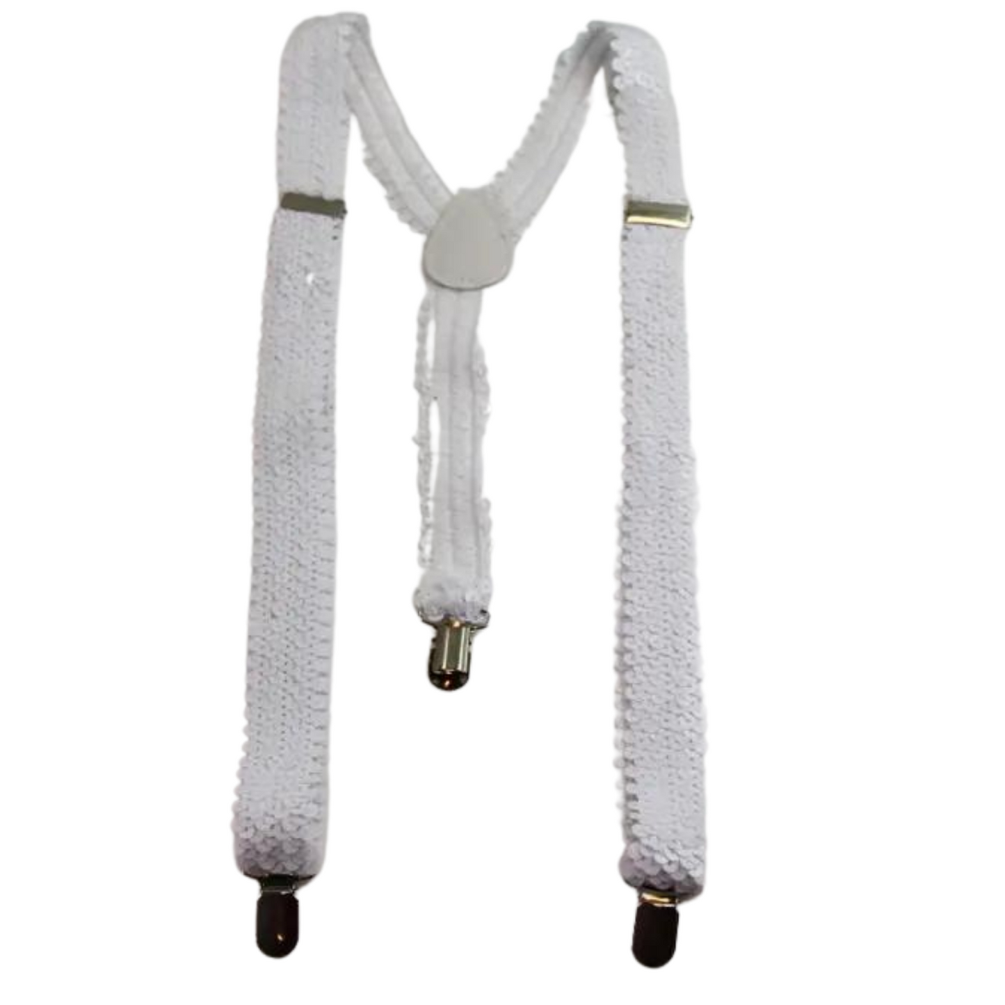 SEQUIN SUSPENDERS Unisex Adjustable Braces Clip On Elastic Y-Back - White