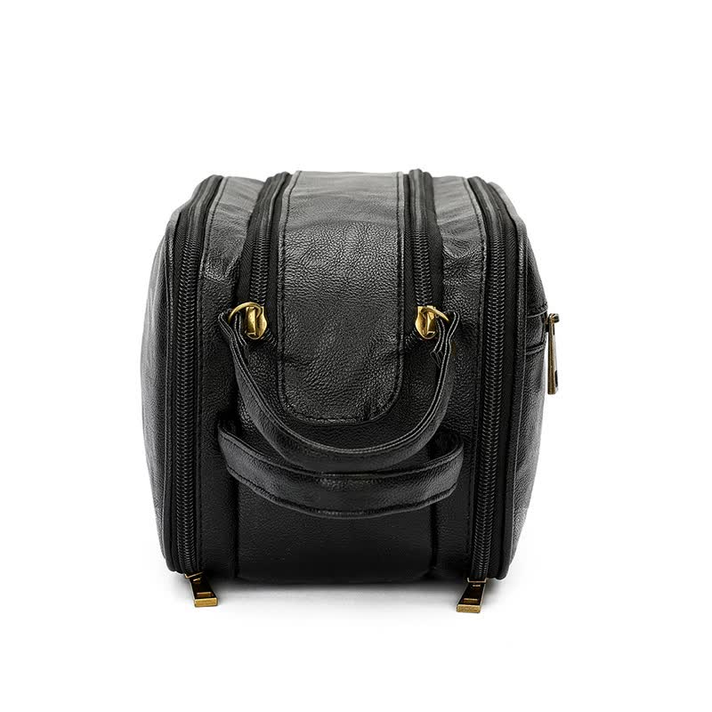 Black Vintage Leather Makeup Bag with Multi-Compartment Organizer - Travel Cosmetic Case