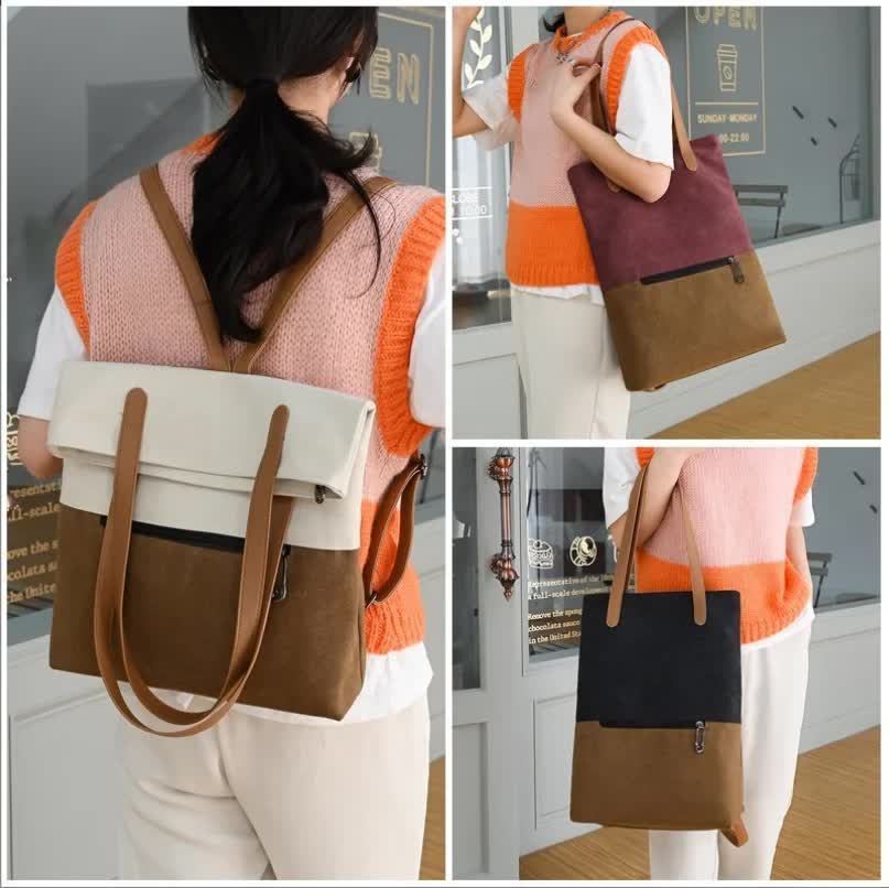 Gery And Brown Canvas Tote Bag for Women - Multi-Use Shoulder Handbag & Backpack, Large Capacity, 30x10x40cm