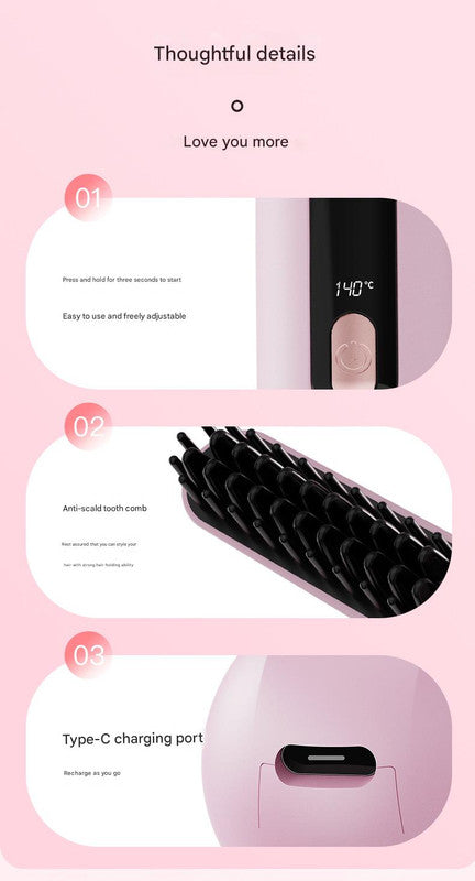 Cordless Hair Straightener Brush - 4000mAh USB-C Rechargeable, 4 Temps, Anti-Scald 3D Comb Design(white)