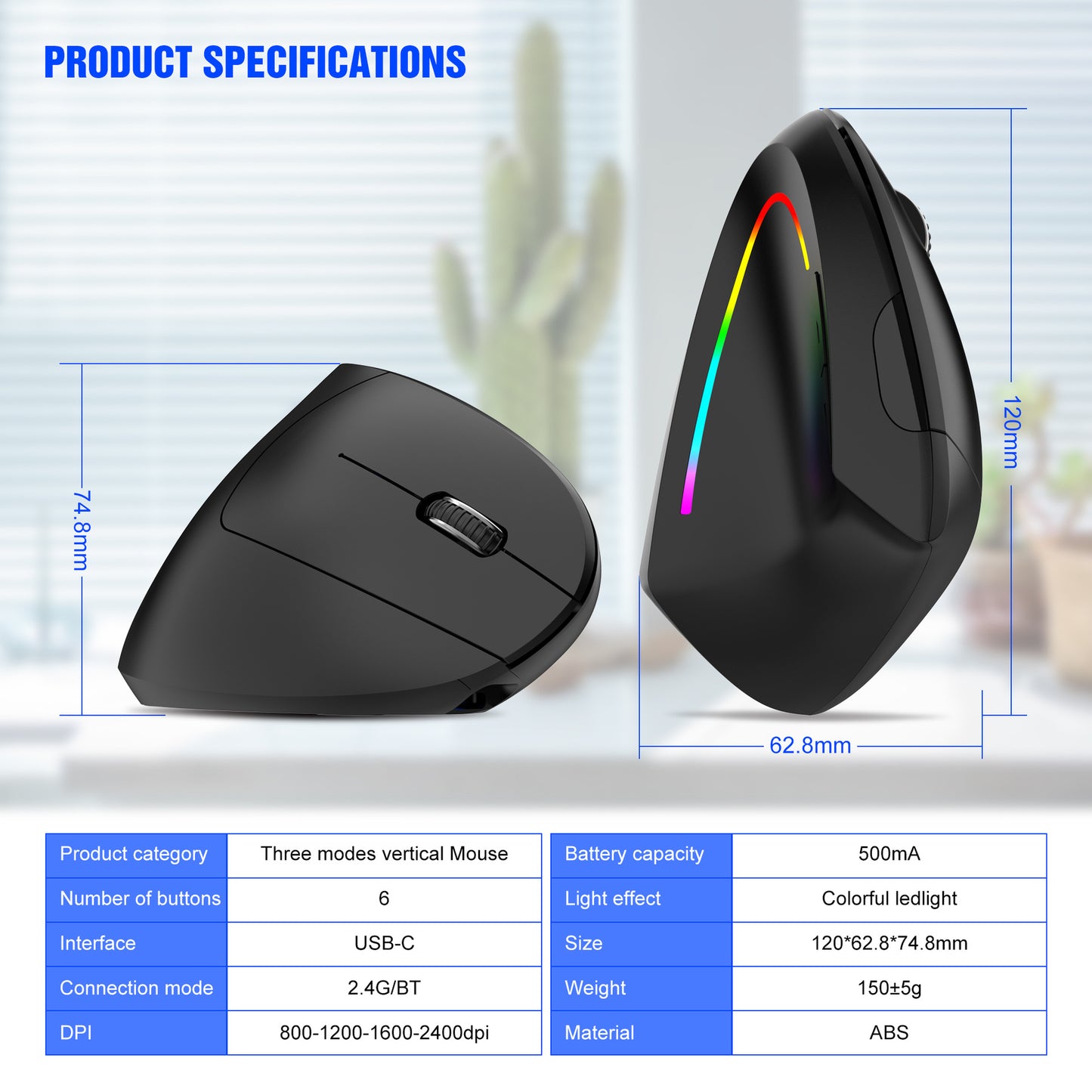 Ergonomic Vertical Wireless Mouse - 2.4G/Bluetooth, Rechargeable, RGB Light, 4 DPI Levels(white)