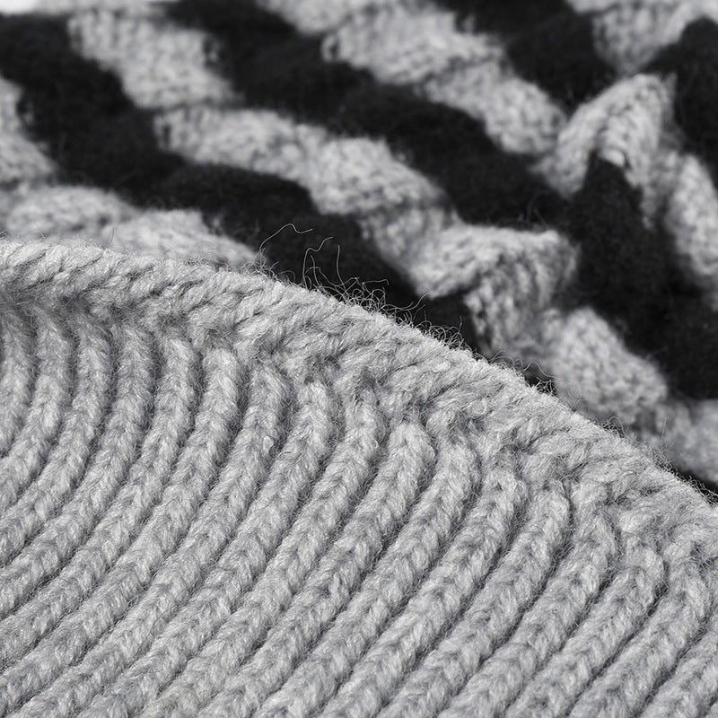 2-PCS Beige Stylish Two-Tone Pom-Pom Ear Warmer Knit Hat - Lined for Women