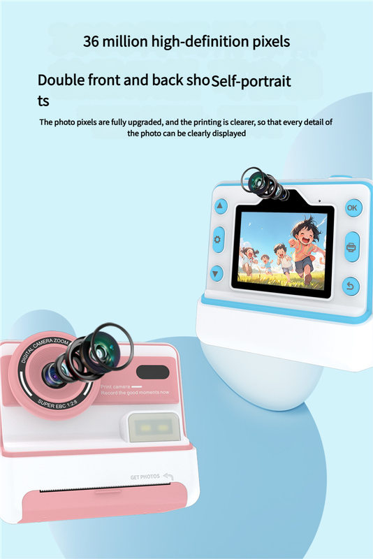 Kids Instant Print Camera - Creative Drawing & Photo Fun with Thermal Printing(Pink+64GB memory card)