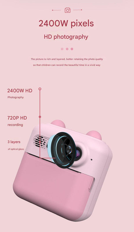 Kids Instant Print Digital Camera with 180° Flip Lens - 24MP Photos, 720P Video & Doodle Fun(pink)