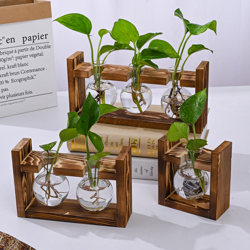 Brown Desktop Plant Propagation Station - Rustic Wooden Stand with 3 Glass Bulb Vases for Hydroponics & Cuttings