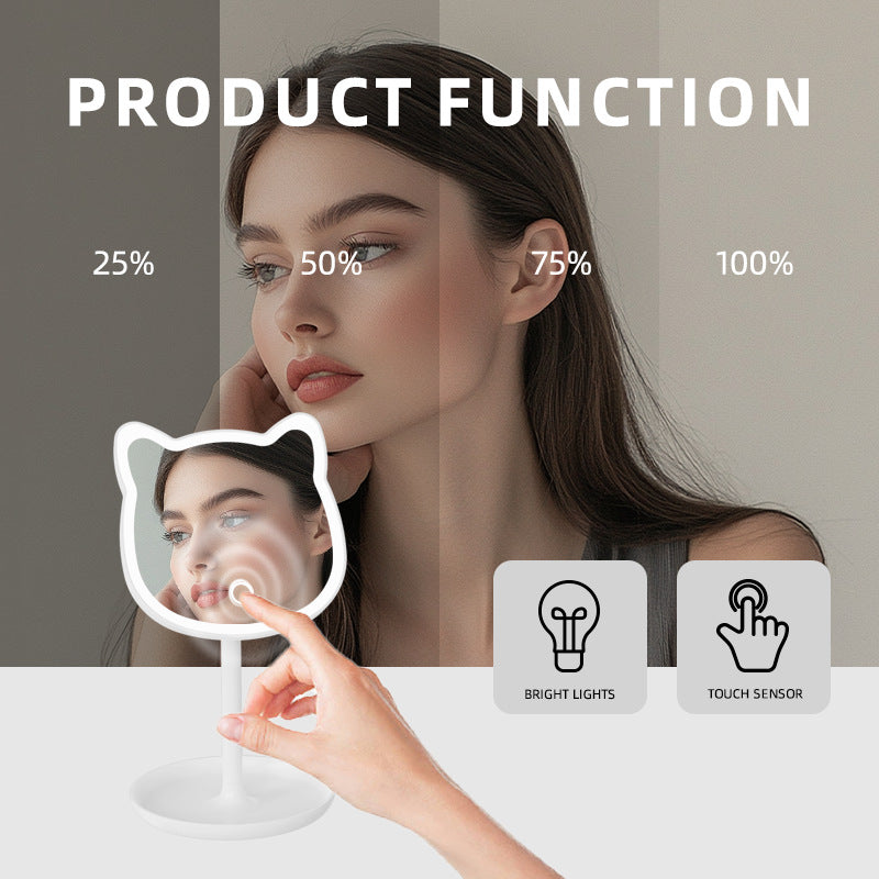 Cute Cat Ear LED Makeup Mirror Desktop Vanity Light with Storage Tray Adjustable Angle Cordless Cosmetic Beauty Tool for Teens