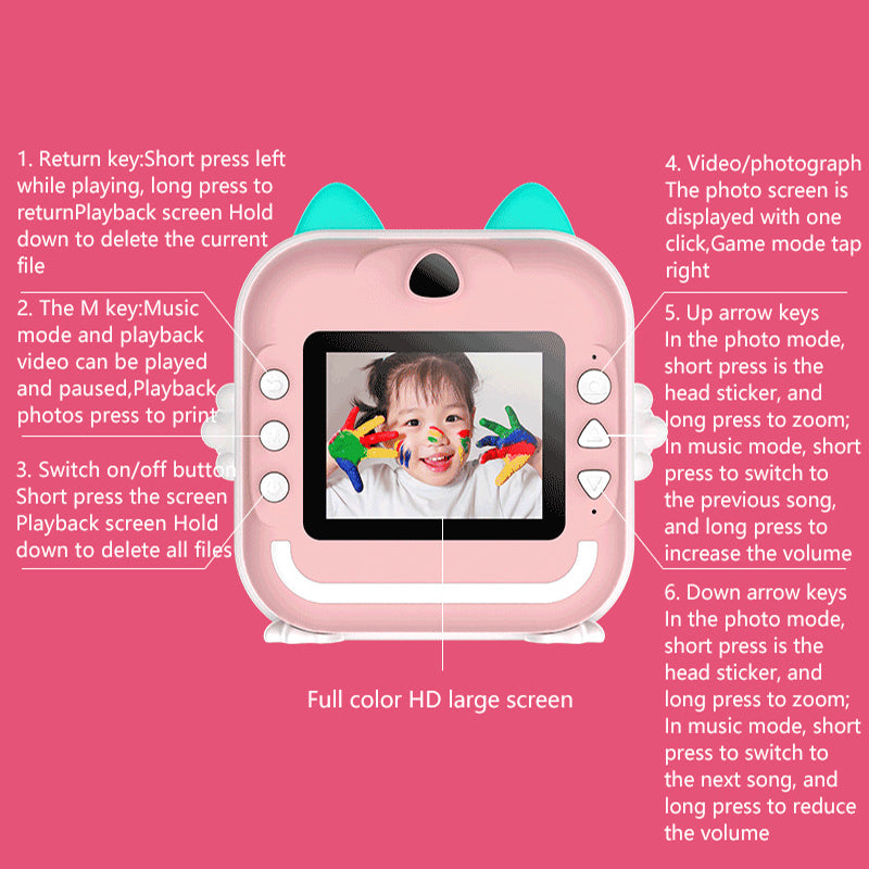 Pink rabbit Kids Instant Print Camera Zero Ink Digital Video Recorder with 32GB Card and 3 Paper Rolls Portable Rechargeable Toy Gift