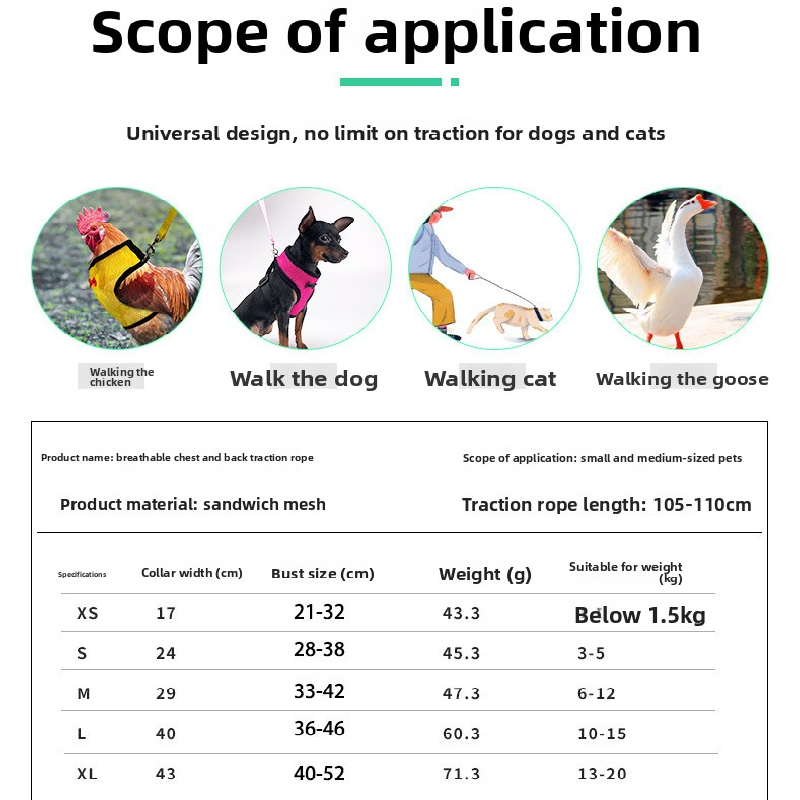 2-Pcs Black Adjustable Pet Harness with Leash – Breathable Mesh Design for Small Dogs, Cats, Chickens, Ducks & More | Anti-Escape, 360° Support, Lightweight & Comfortable in Australia(Size:S)