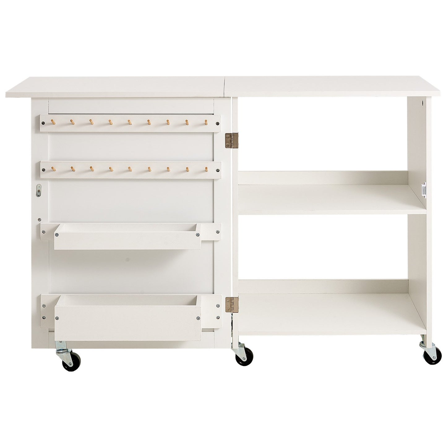 VEVOR Folding Sewing Table with Lockable Wheels Storage Shelves Trays Door White